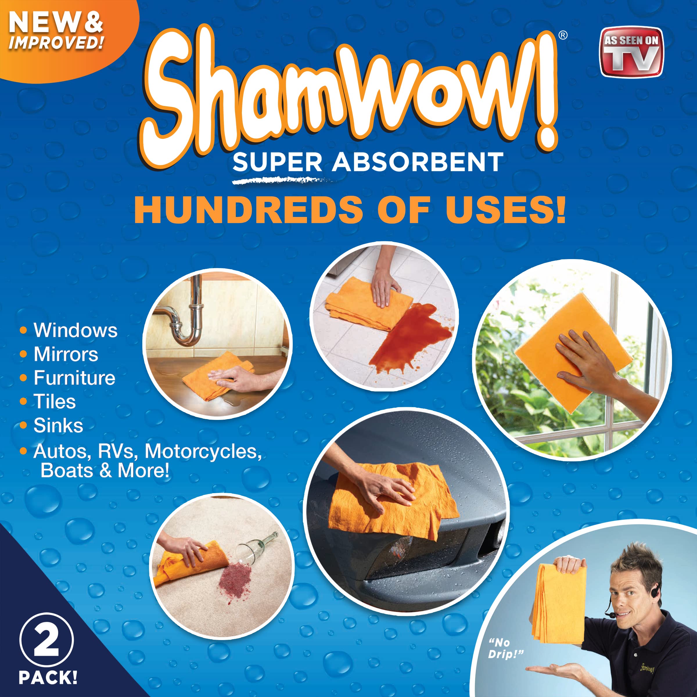 ShamWow- New & Improved Super Absorbent Multipurpose Cleaning Cloth Chamois Towel- Zinc Treated Odor Fibers (2 Pack)