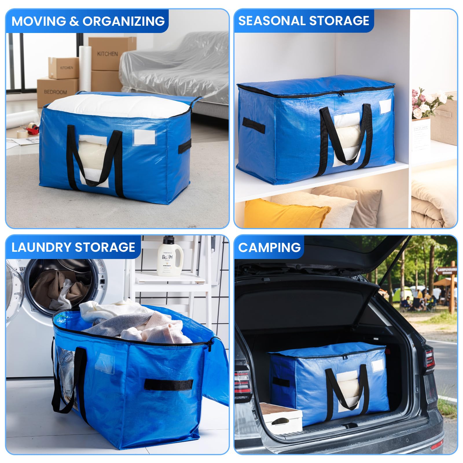 TAILI Extra Large Moving Bags, Heavy Duty Totes for Storage with Visible Window, U-Shaped Around Handles, Storage Contrainer Box for Space Saving, Blue, 4 Pack