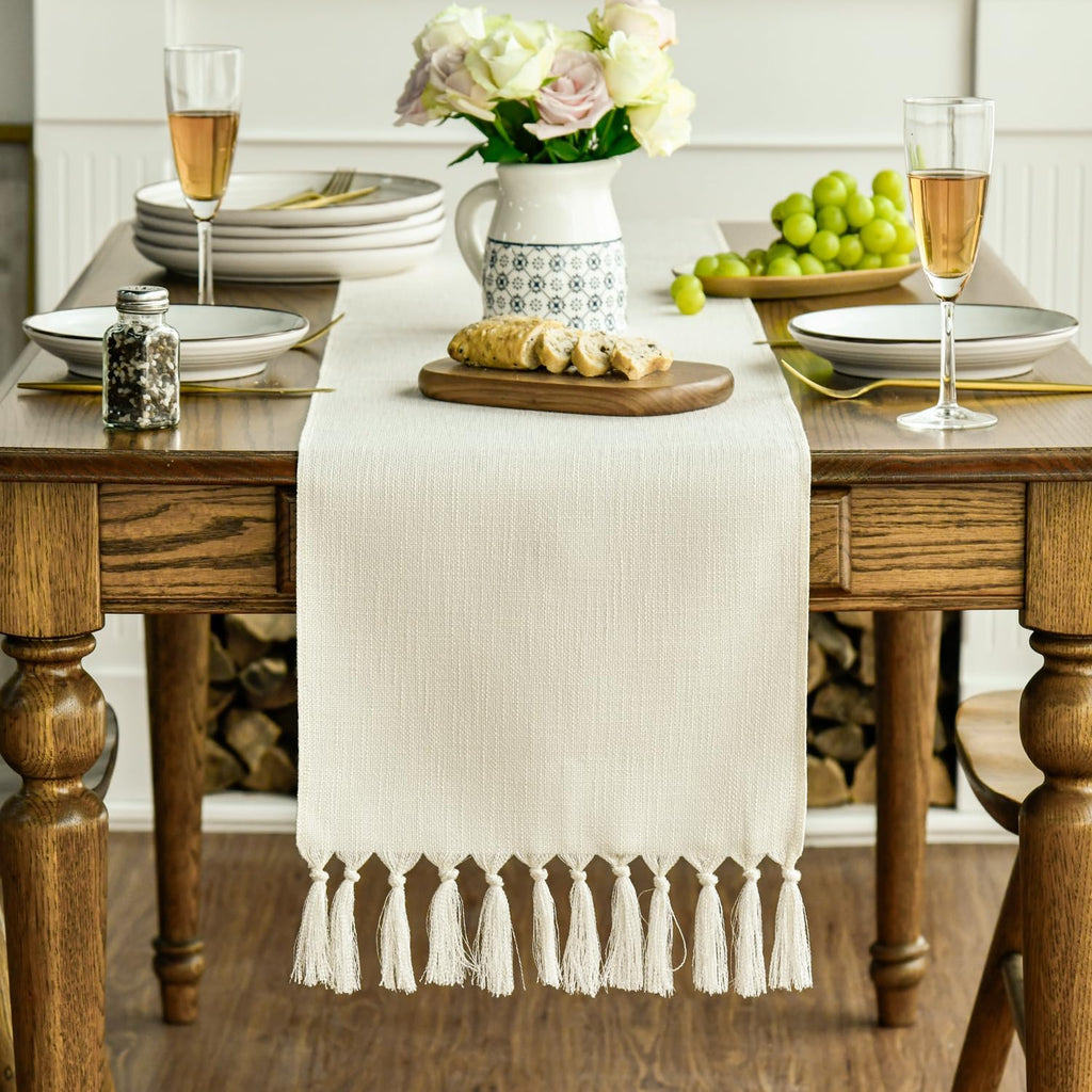Artoid Mode Beige Tassel Table Runner, Boho Linen Blend Rustic Farmhouse Style Kitchen Table Decoration Holiday Wedding Party Dinning Decor 13x90 Inch