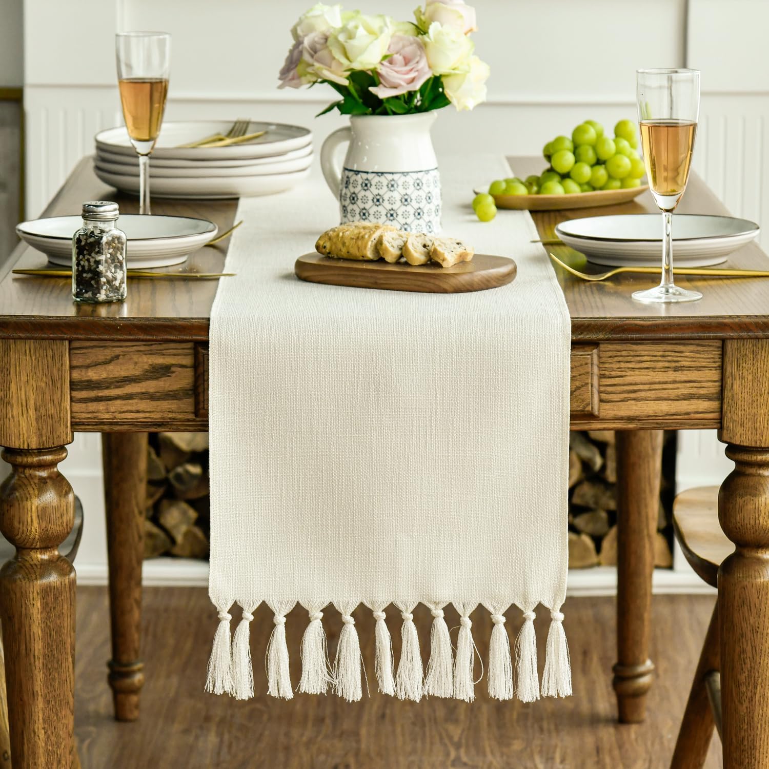 Artoid Mode Beige Tassel Table Runner, Boho Linen Blend Rustic Farmhouse Style Kitchen Table Decoration Holiday Wedding Party Dinning Decor 13x90 Inch