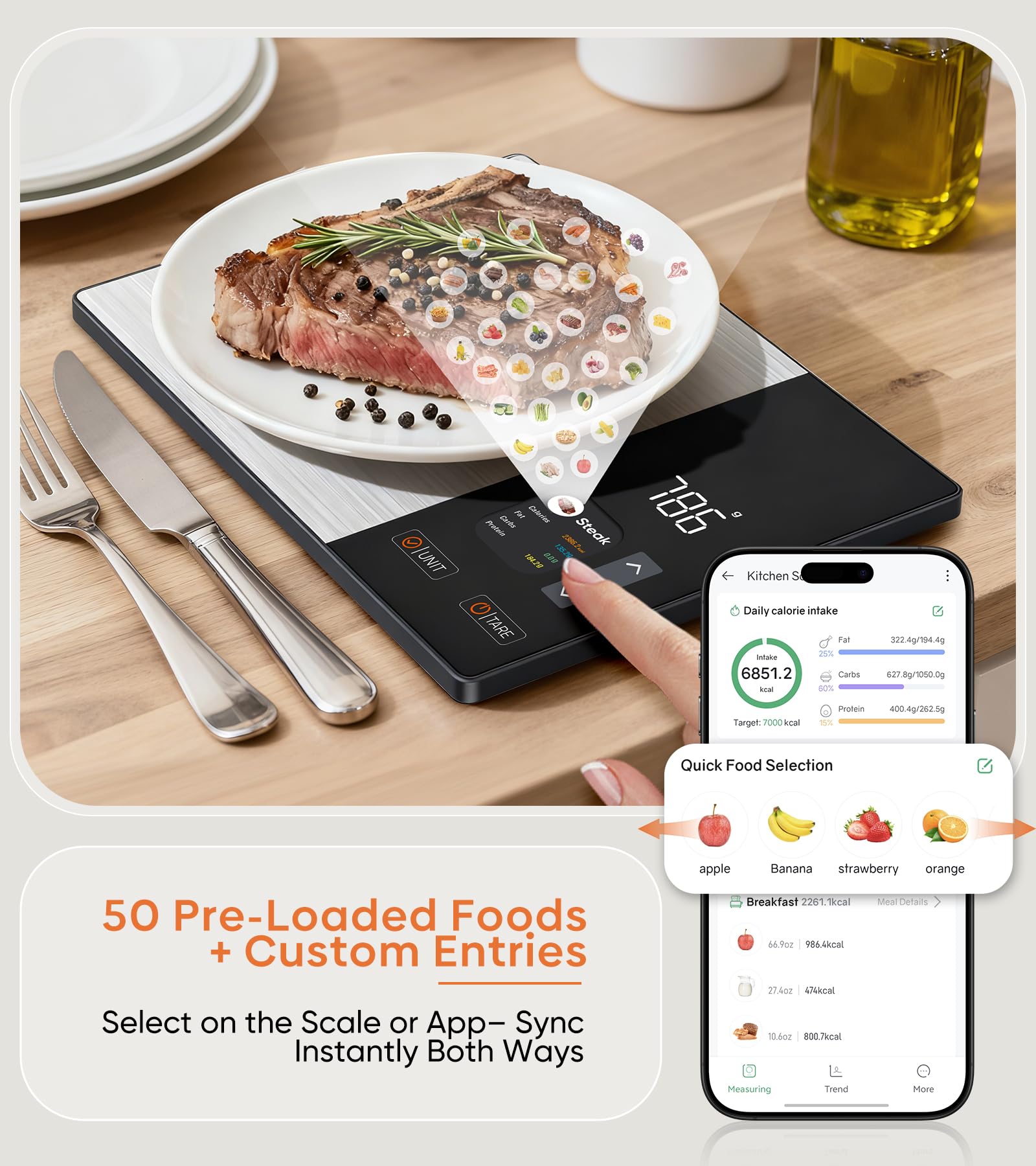 KUAIVO Smart Food Scale with TFT Display, Tracks Calories, Fat, Carbs & Protein, Works with App for Daily Nutrition Tracking, 50 Built-in Foods, 23 Nutrients, Digital Kitchen Scale for Meal Prep