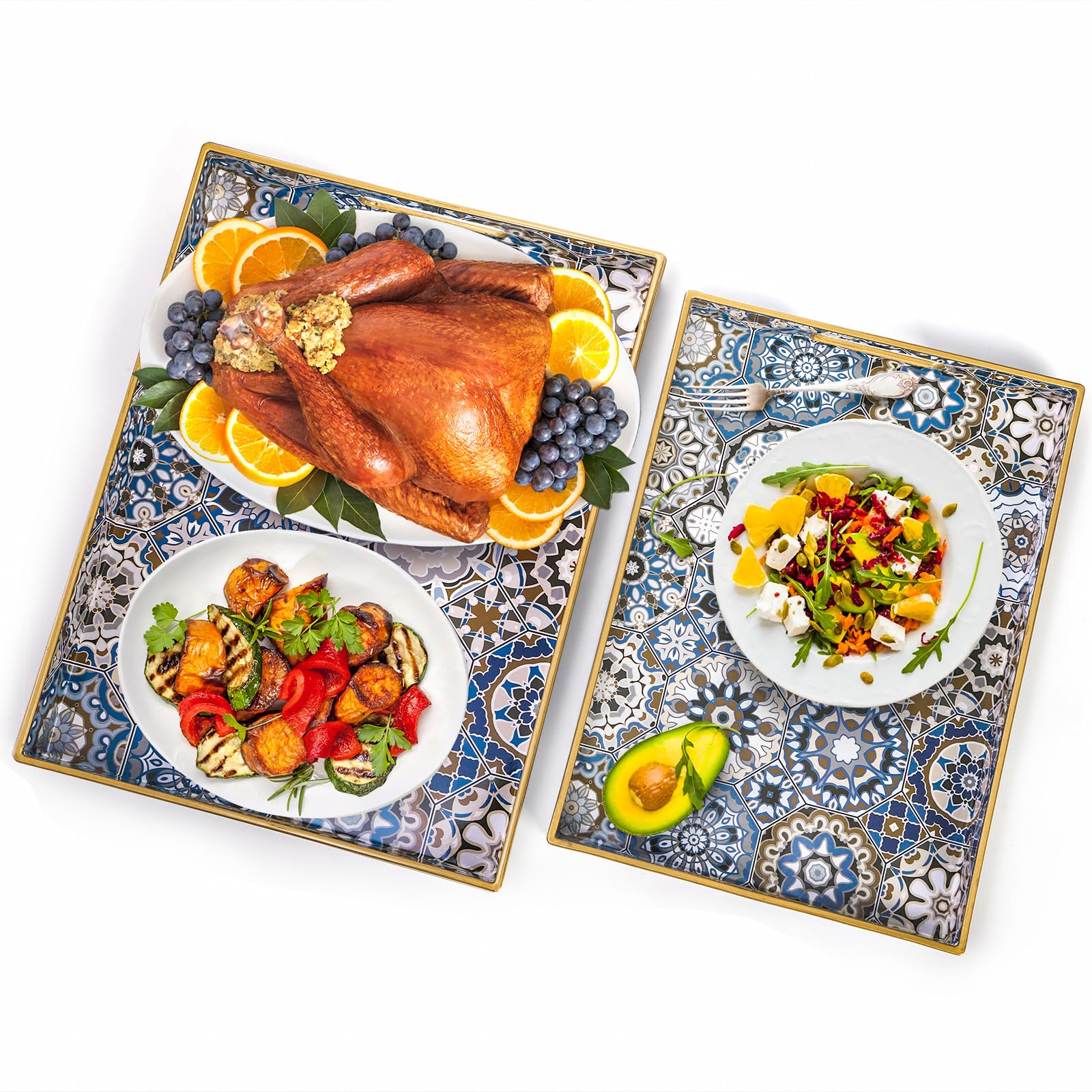Hiceeden Set of 2 Decorative Serving Trays with Handles, Boho Tea Trays Ottoman Trays for Serving, Modern Plastic Coffee Table Tray for Living Room, Bathroom, Rectangle, Blue