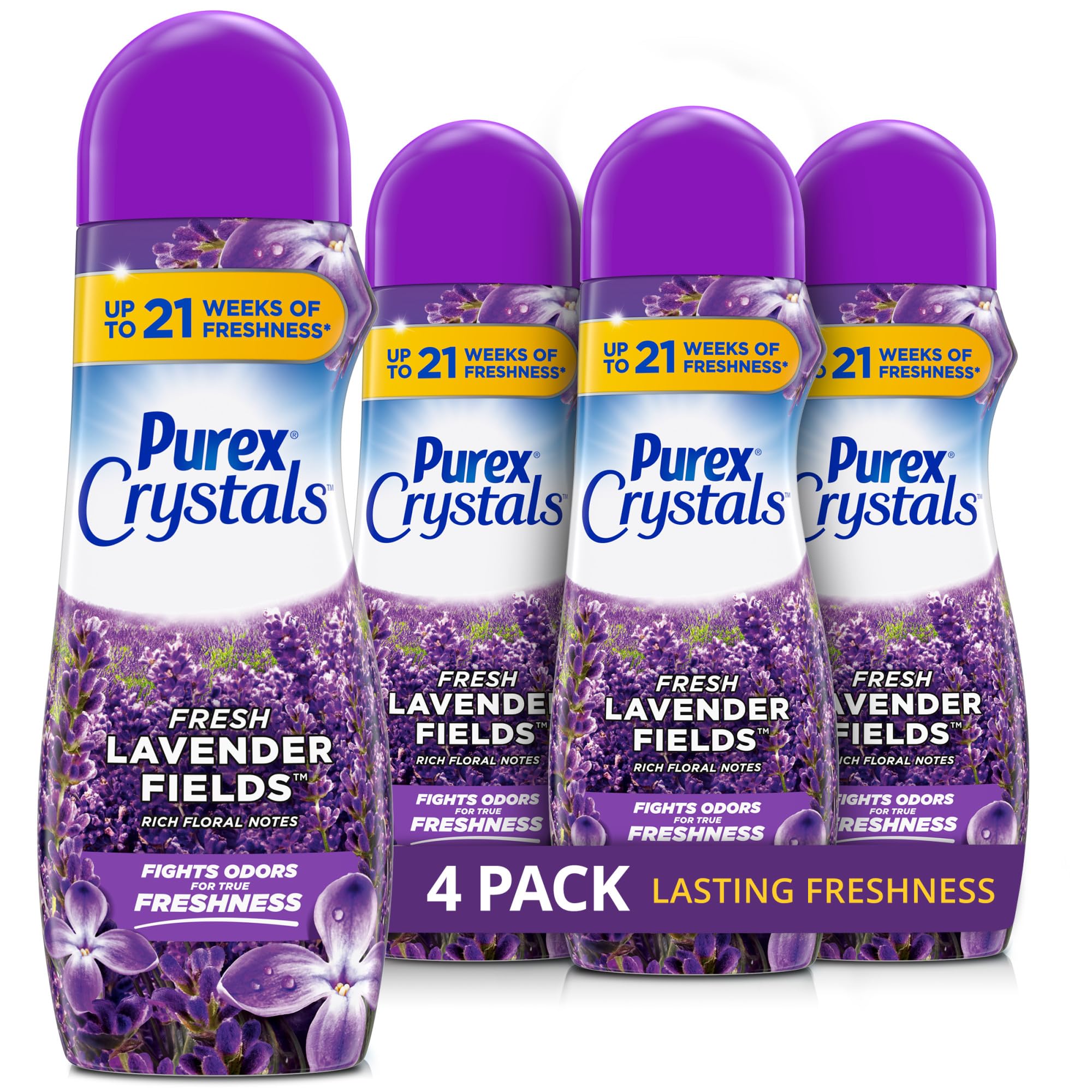 Purex Crystals In-Wash Scent Booster, Lavender Blossom, 21 oz (Pack of 4), Long-Lasting Freshness & Odor Elimination Technology