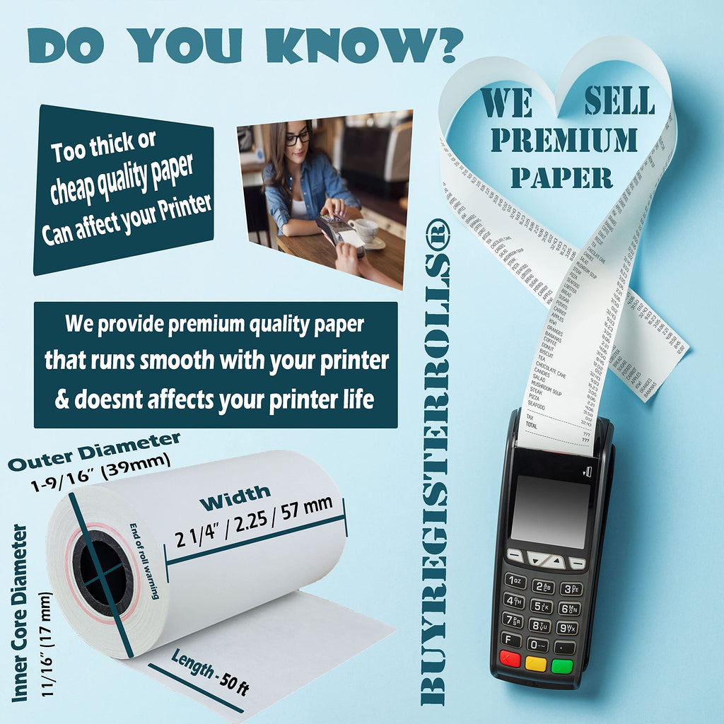 (50 Rolls) 2 1/4 x 50 Thermal Paper Receipt Rolls 2.25 x 50 ft POS Cash Register fits All Credit Card Terminals