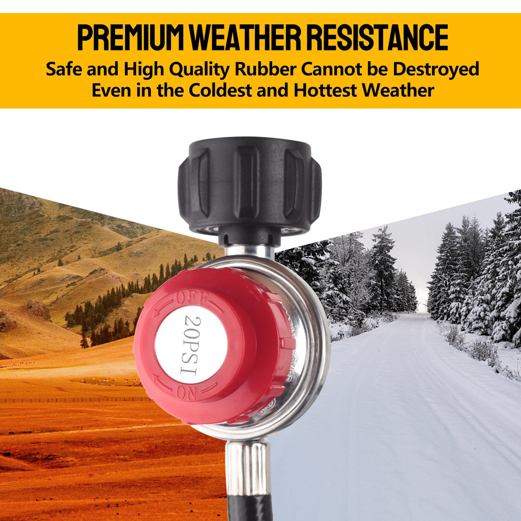 Onlyflame 12FT High Pressure 0-20 PSI Adjustable Propane Regulator and Hose - Grill Connector with Hose for Tabletop Grill, Fire Pit, Turkey Fryer and More