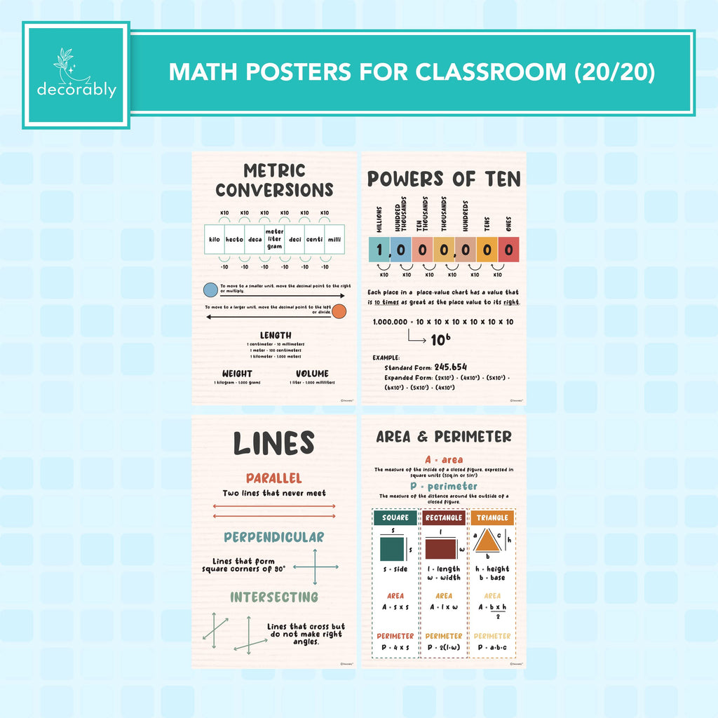 Decorably 20 Boho Math Posters for Classroom, 11x17in Matte-Laminated Educational Math Charts for Kids - Classroom, Bulletin Boards, Homeschool