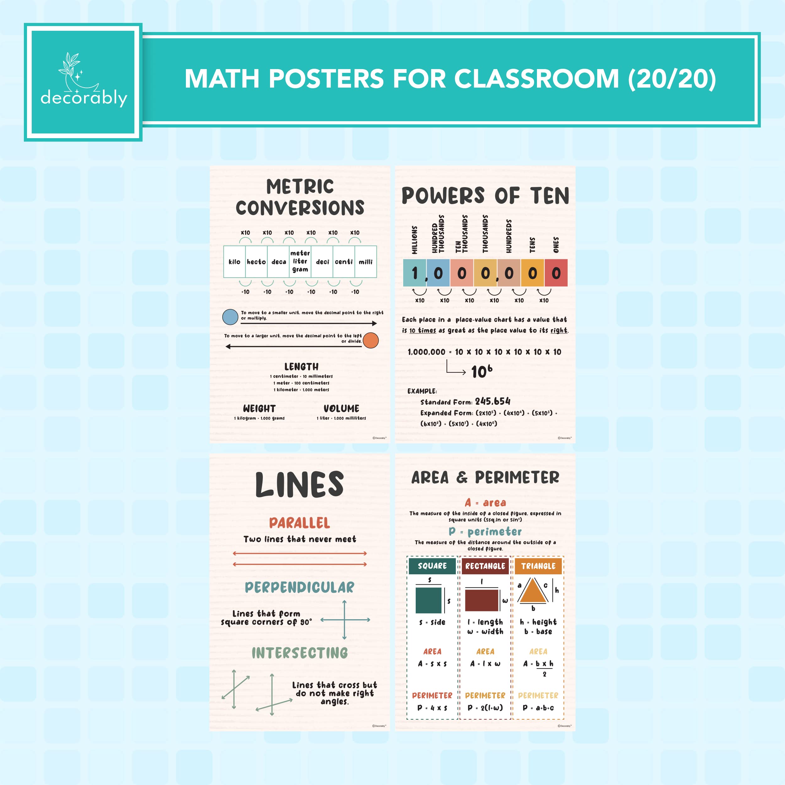 Decorably 20 Boho Math Posters for Classroom, 11x17in Matte-Laminated Educational Math Charts for Kids - Classroom, Bulletin Boards, Homeschool