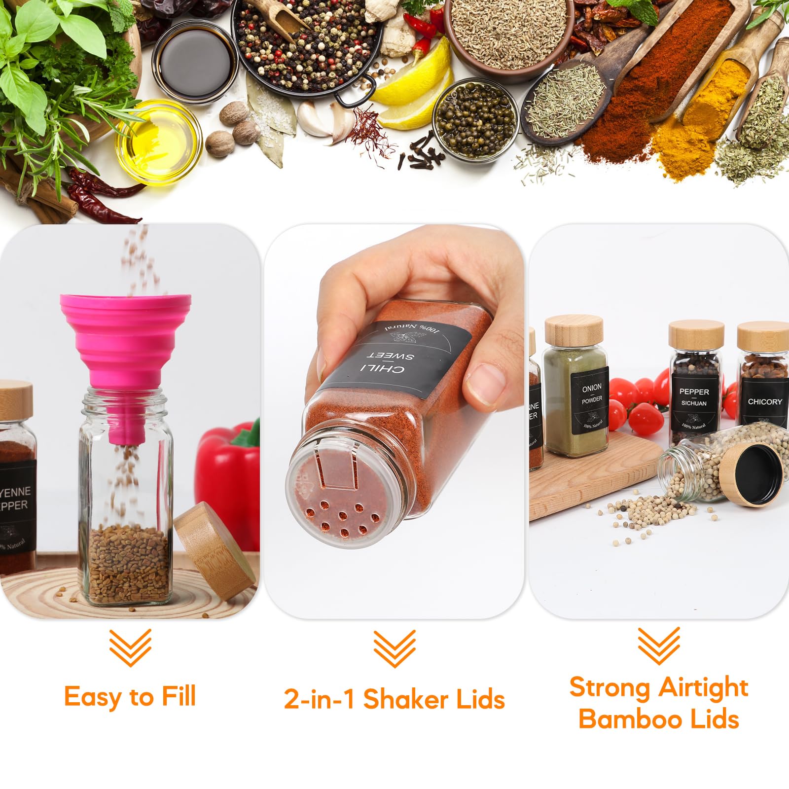 4oz Spice Jars with Bamboo Lids, 16pcs Glass Spice Jars with Labels, Shaker Lids, Funnel, Chalk Pen and Brush