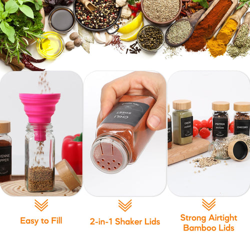 4oz Spice Jars with Bamboo Lids, 16pcs Glass Spice Jars with Labels, Shaker Lids, Funnel, Chalk Pen and Brush