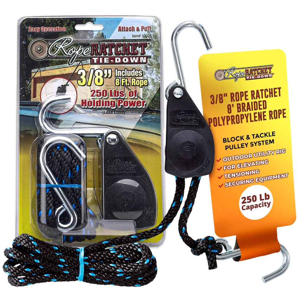 Rope Ratchet - 3/8" Ratchet Tie Down Rope, Block & Tackle Pulley System, Rope Hoist Hanger, Pulley Hoist with Hooks, 8' Braided Polypropylene Rope, 250 lbs Capacity