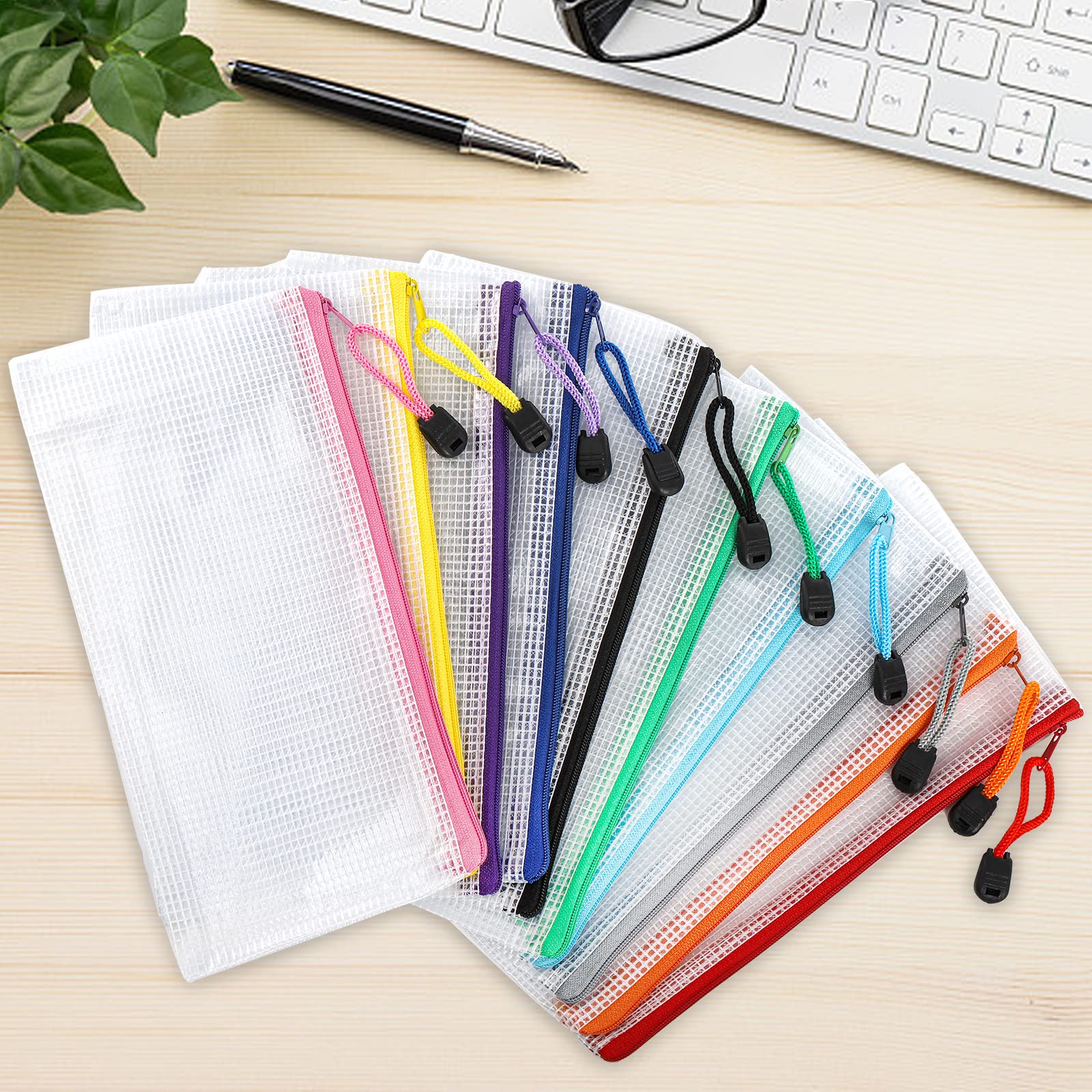 Hedume 50 Pack 10 Colors Zipper Mesh Pouch, A6 (9.1 x 4.7 inches) Zipper Pouch Waterproof Plastic Zip File Bags, for Bills, Cosmetics, Travel Storage and Office Supplies