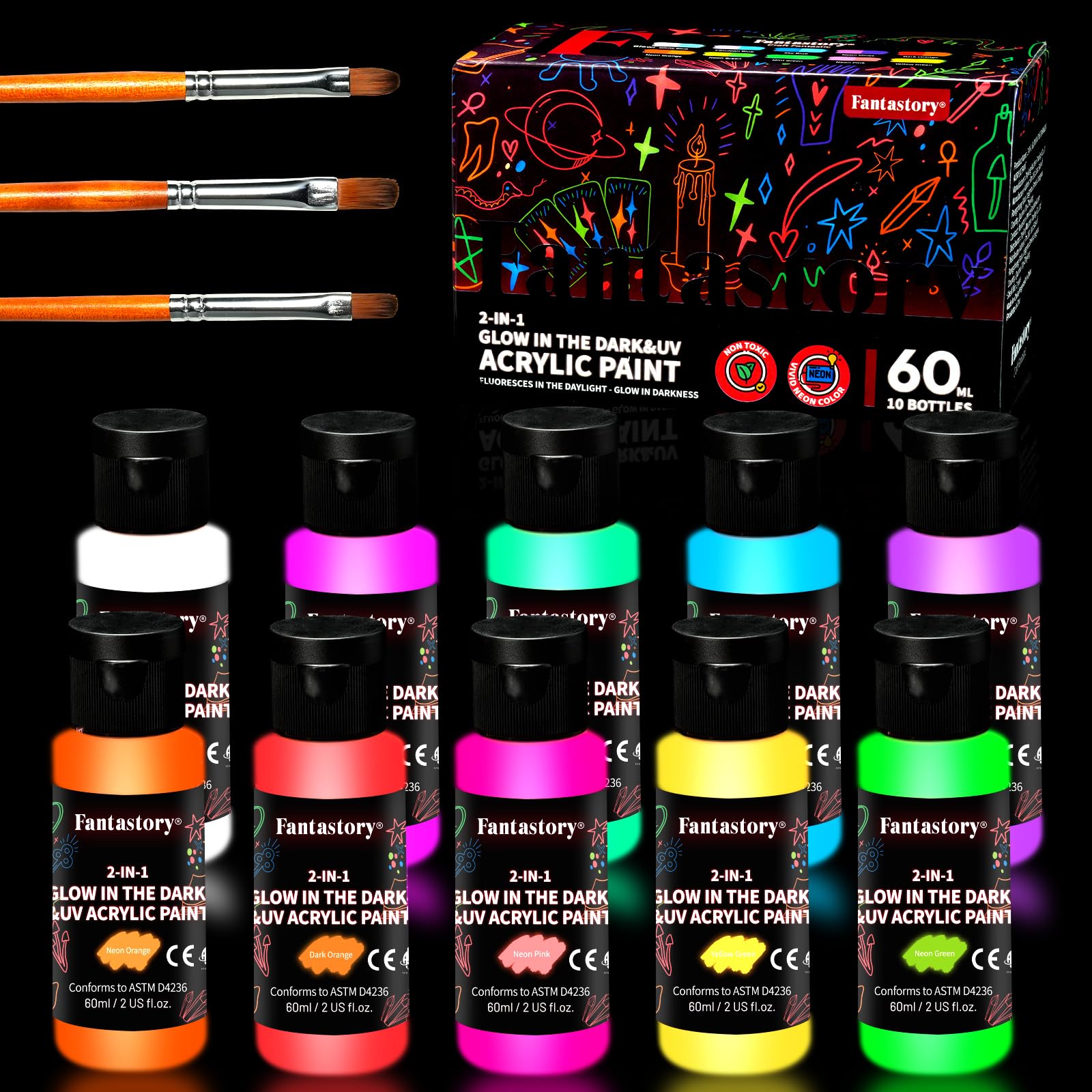Fantastory Easter Glow in the Dark Paint,60ml/2oz,Neon Colors Glow Acrylic Paints,Waterproof Blacklight Paint for Outdoor Rock,Wood,Craft,Canva,Pumpkin,Holiday Decor [FluorescentSeries]