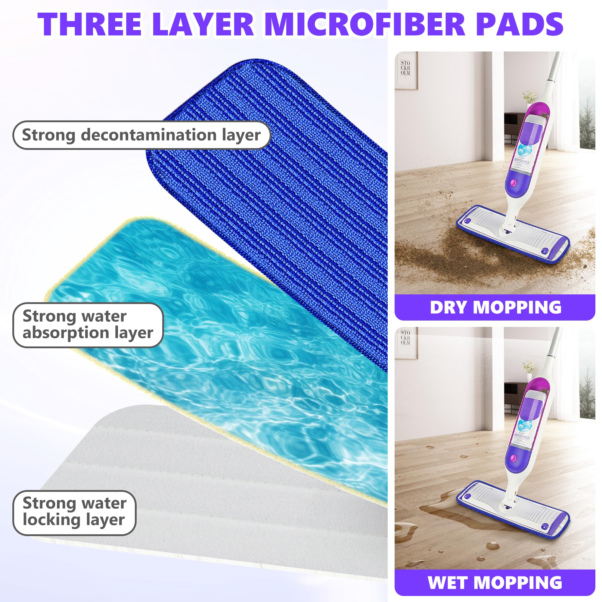 Reusable Mop Pads Compatible with Swiffer PowerMop, Microfiber Mop Pads Refills Mop Heads Replacement for Swiffer Mop Spray Mop Floor Mop, Washable Reusable Floor Mopping Refills, 6 Pack