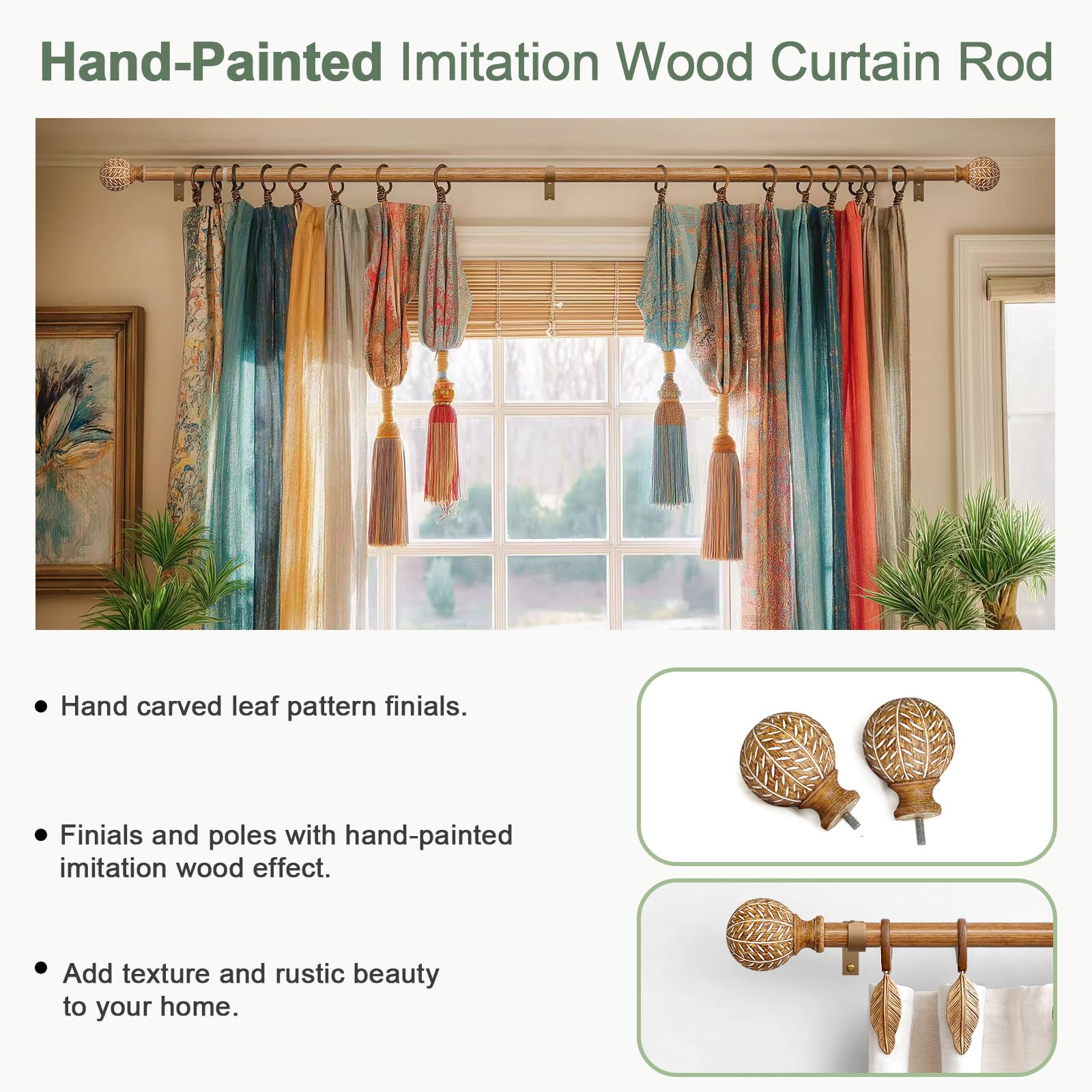 QDWIS Wood Curtain Rods for Windows 48 to 84 Inch,1'' Diameter Drapery Rods with Imitation Wood Grain Leaf Pattern Finials,Boho Adjustable Heavy Duty Curtain Rods Set,36-88''