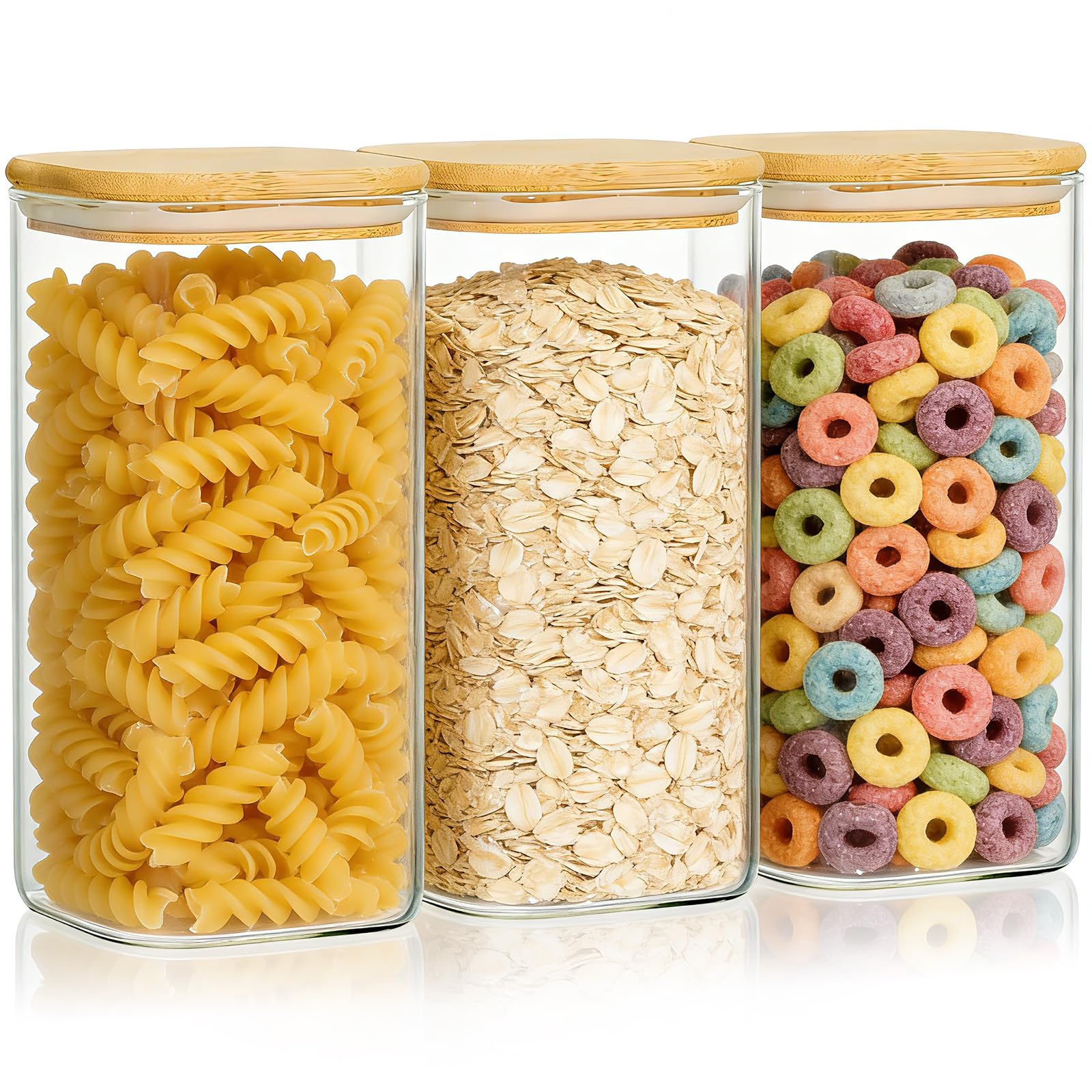 KEYWING 50oz Airtight Glass Storage Containers with Lids Set of 3, Square Glass Jars with Bamboo Lids, Kitchen Pantry Storage Canister for Flour, Sugar, Cereal, Coffee Beans, Pasta, Cookies & Tea