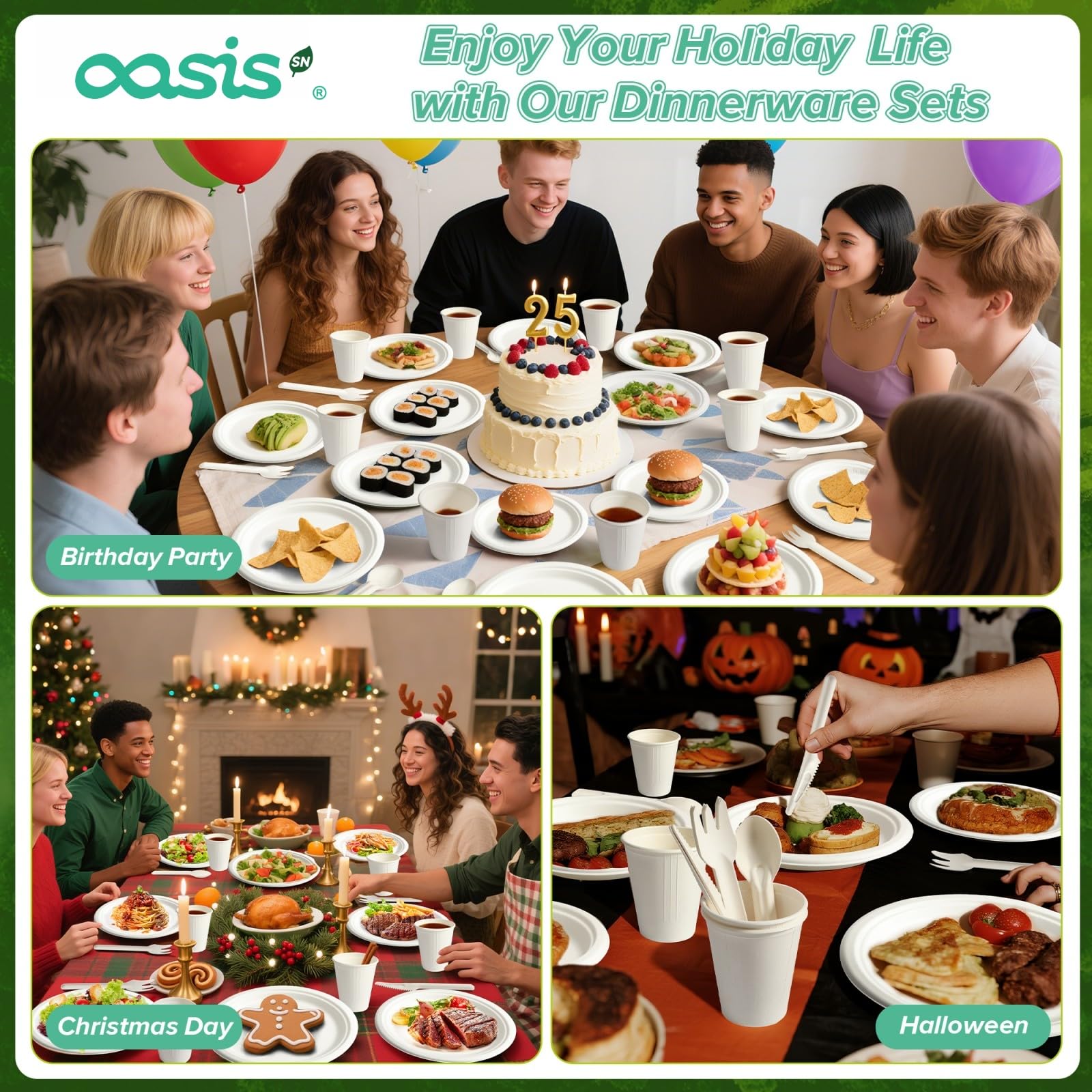 OasisSN 100-Pack Compostable Paper Plates Set – Includes 6" & 9" Heavy-Duty Sugarcane Plates (50 Each) – Eco-Friendly Disposable Plates for Meals, Snacks, and Parties