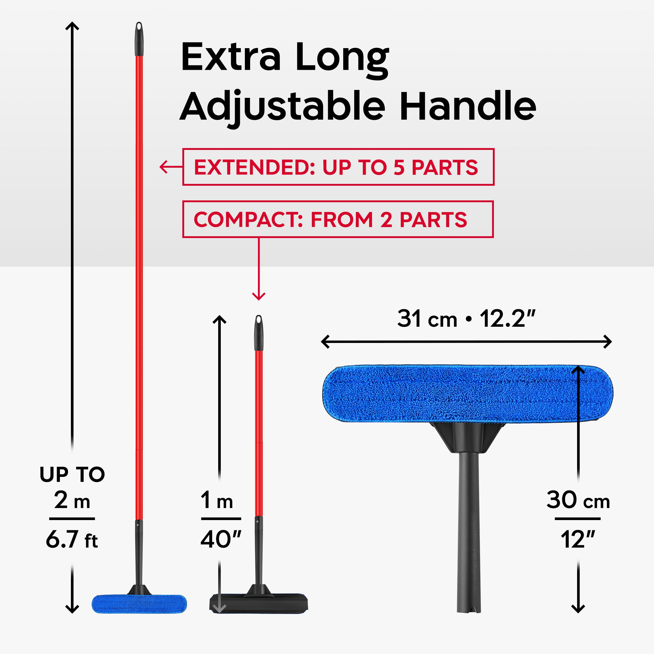 Tyroler 2-in-1 High Window Cleaning Tool | Window Squeegee Extendable with 30-205CM 5 Part Handle | Perfect Window Cleaning & Washing Kit (Black - Rubber)