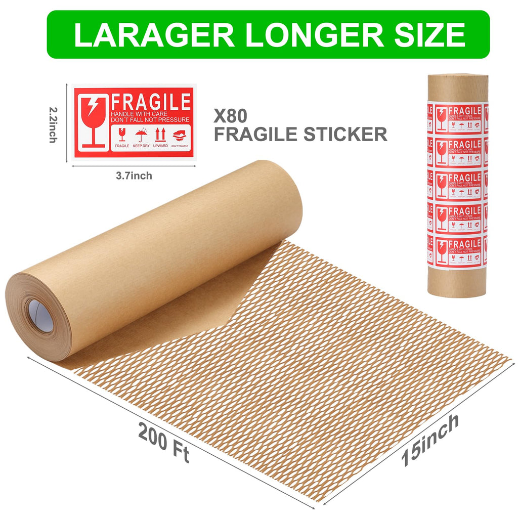 Honeycomb Packing Paper 15” x 200’ Moving Suppliers Bubble Cushioning Wrap Paper Roll for Moving/Shipping/Packing with 80 Fragile Sticker Protective Eco Friendly & Recyclable (15"x200')