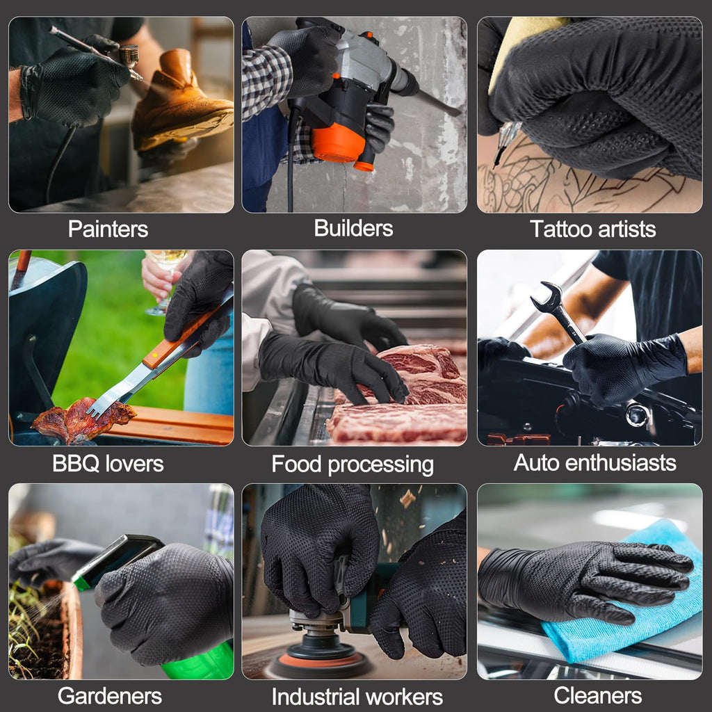 ANBOSON 10 Mil Black Nitrile Disposable Gloves, Mechanic, Safety Work Gloves, Latex & Powder Free, Fully Diamond Textured (Black of 100, Large)