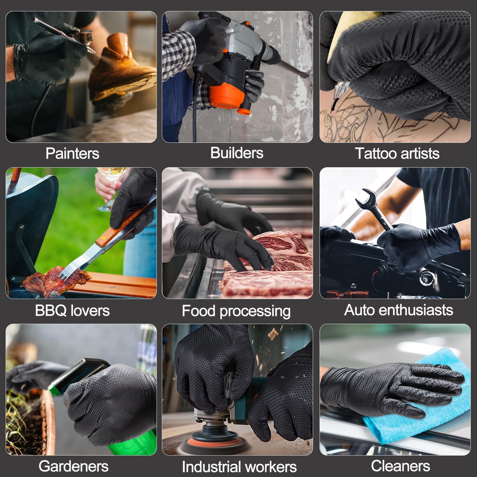 ANBOSON 10 Mil Black Nitrile Disposable Gloves, Mechanic, Safety Work Gloves, Latex & Powder Free, Fully Diamond Textured (Black of 100, Large)