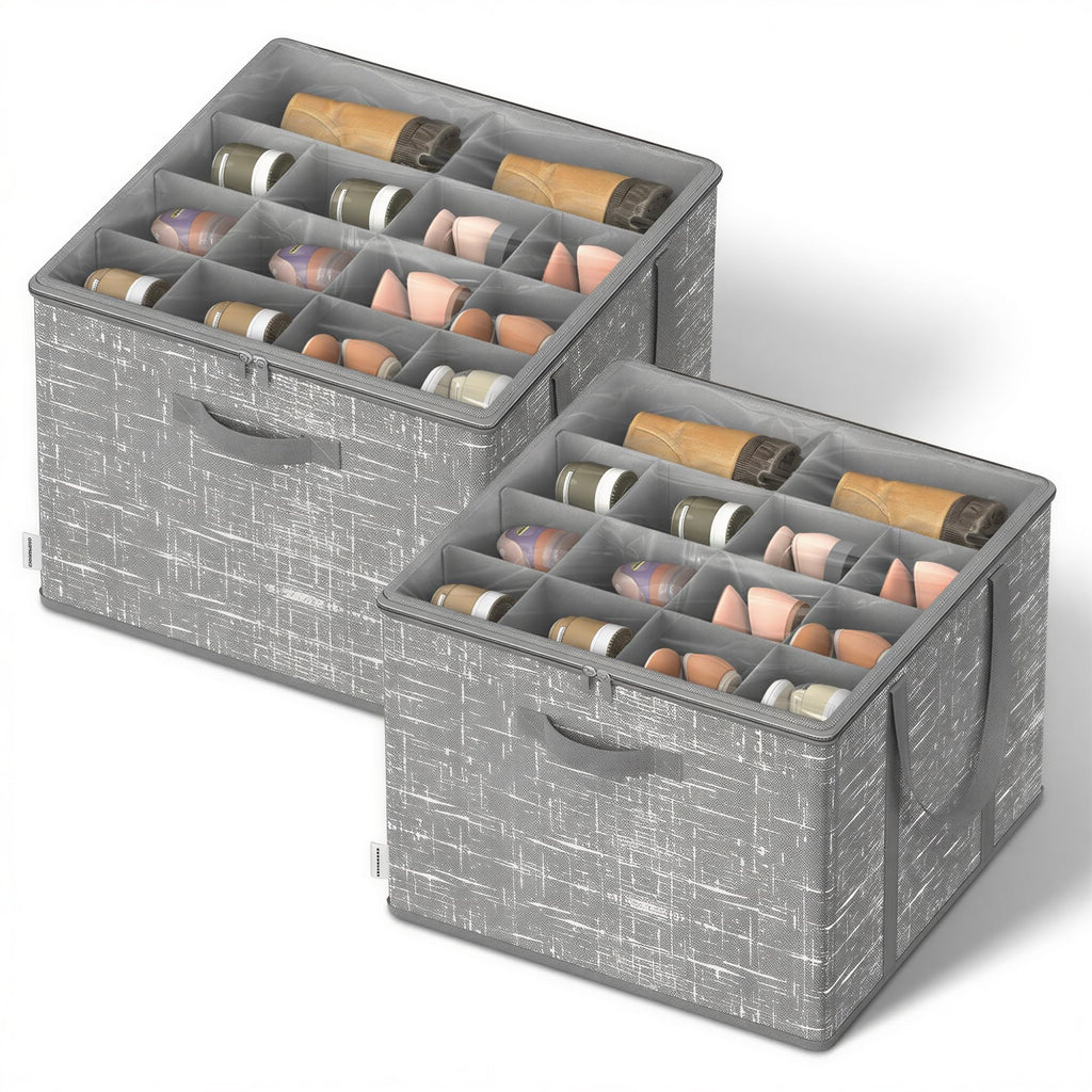 SONGMICS Set of 2 Shoe Organizers for Closet, Fits 16 Pairs Each, Shoe Storage Bins, Fabric Containers with Handles and Clear Cover, for Bedroom, Entryway, Closet, Cattail Gray ULSP602G01
