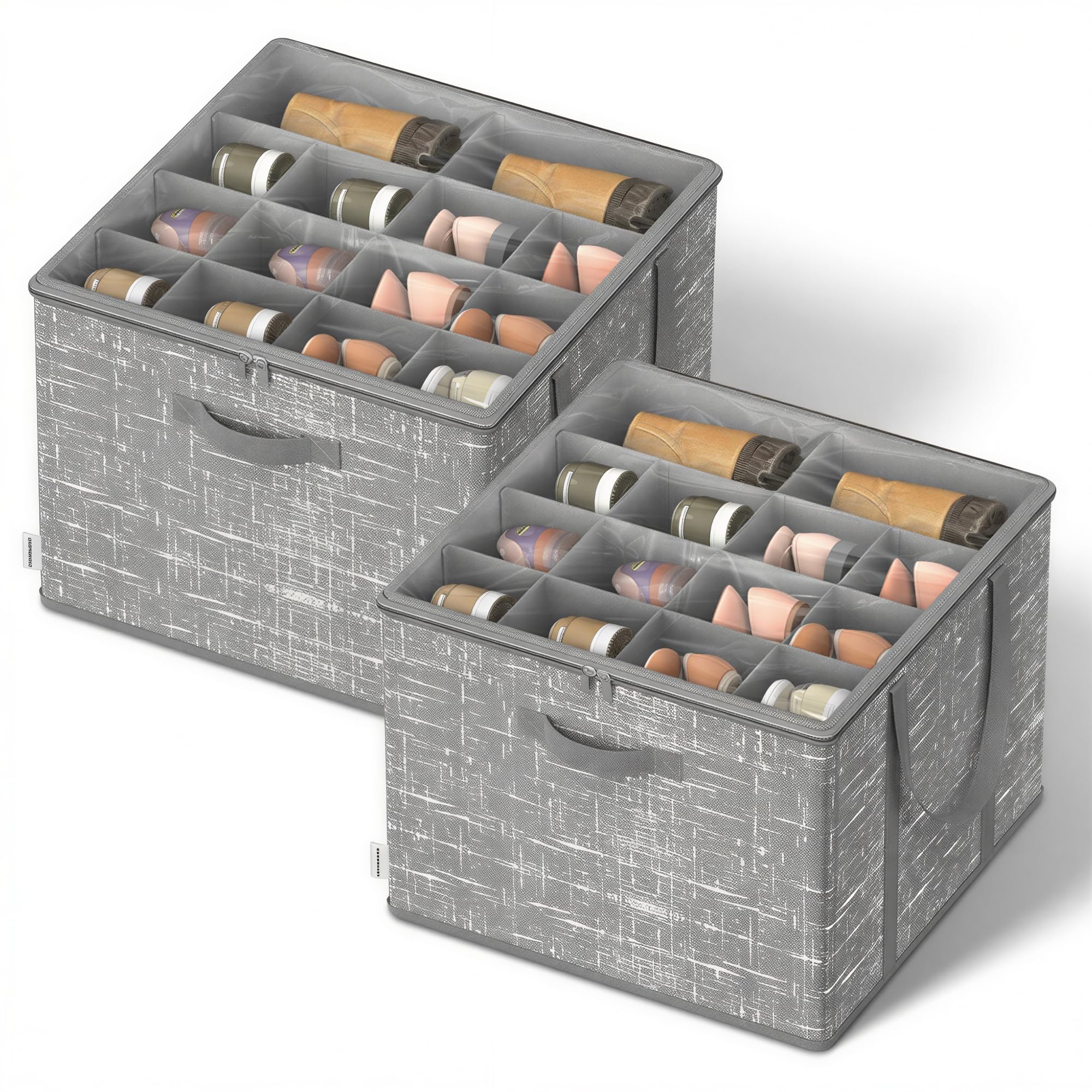 SONGMICS Set of 2 Shoe Organizers for Closet, Fits 16 Pairs Each, Shoe Storage Bins, Fabric Containers with Handles and Clear Cover, for Bedroom, Entryway, Closet, Cattail Gray ULSP602G01