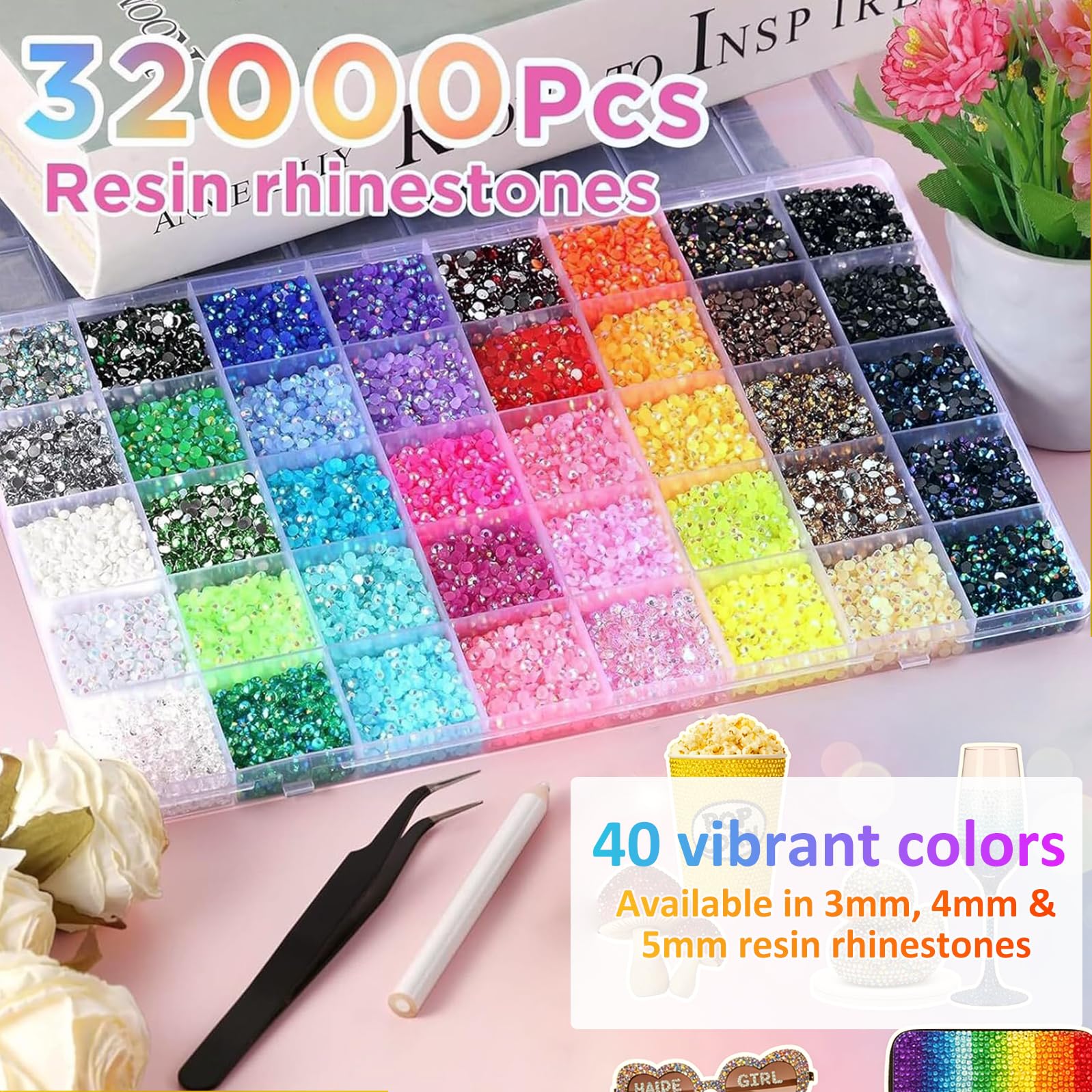 40 Colors Rhinestones Bedazzling Kit, 32000 Pcs 3mm/4mm/5mm Flatback Gems With Tools, Bling DIY Craft Supplies for Clothing Shoes Nails Book Diamond Art