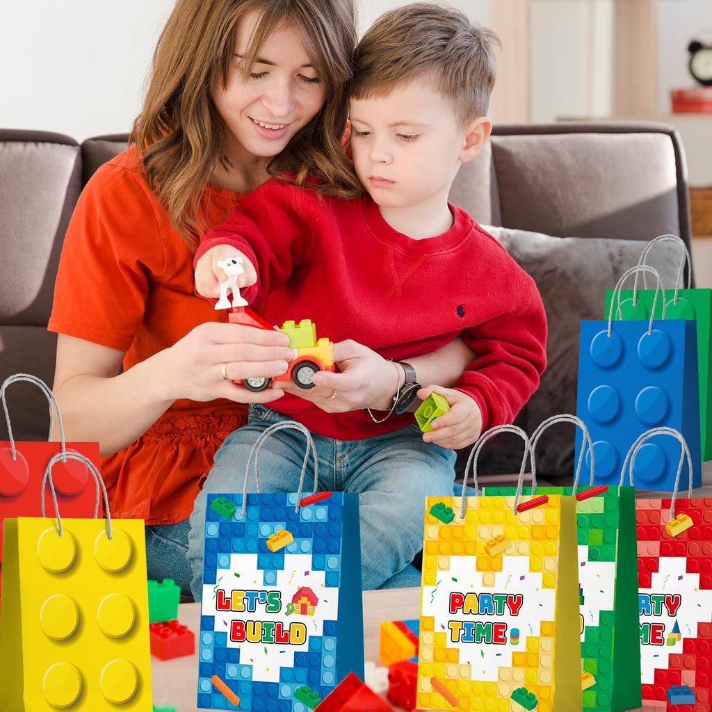 Building Block Party Favor Bags,24 Pcs Building Block Gift Bags Set Building Block Party Bags,Building Block Party Present Bags Bricks Theme Paper Bag for Building Block Birthday Party Decorations
