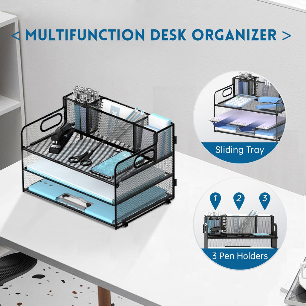 JMHUD 3-Tier Paper Letter Tray Organizer with Pen Holder, Mesh Desk Accessories & Workspace Organizers with Handle, File Sorter Office Supplies for Desk,Black