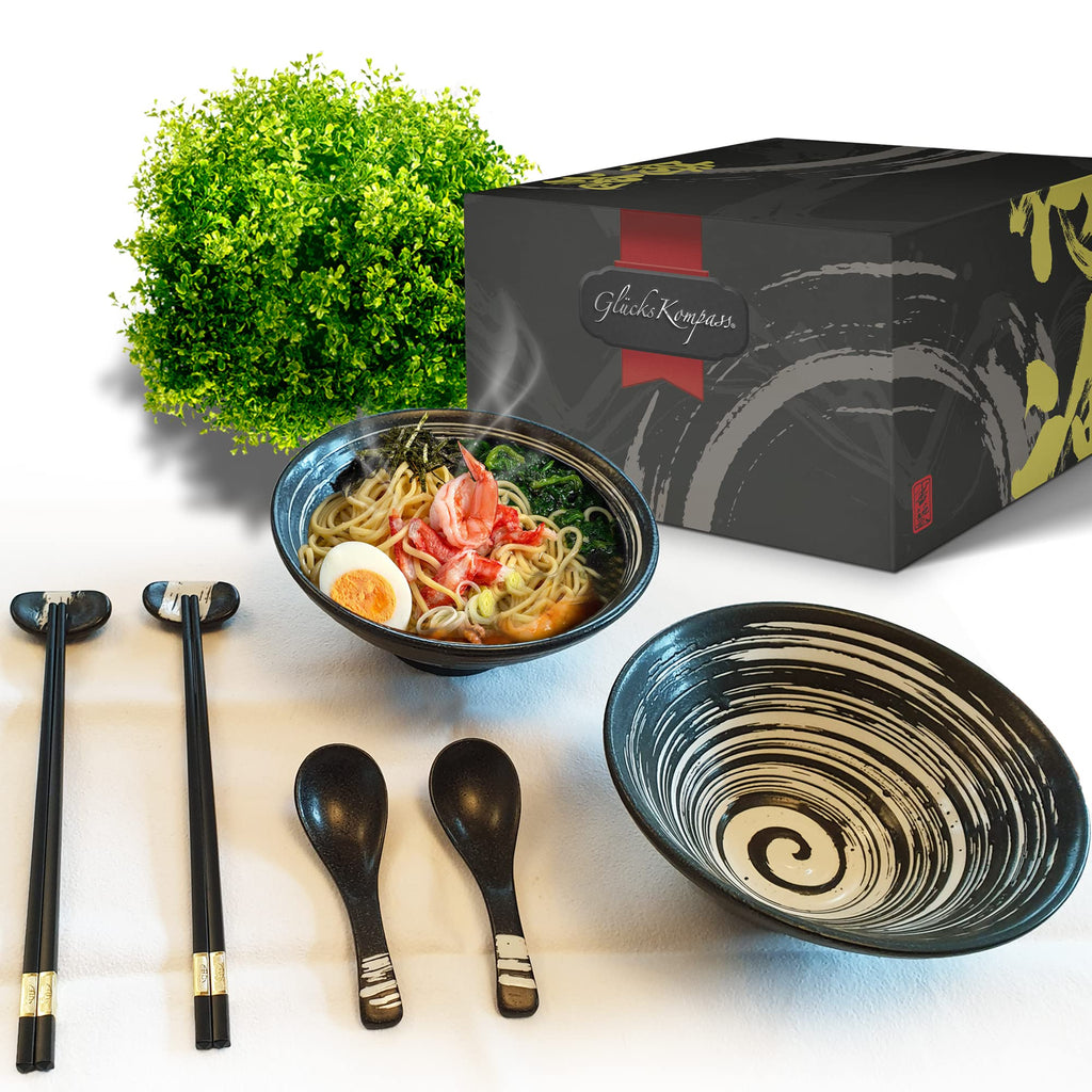 GlücksKompass Japanese Ramen Bowl Set made of ceramic (8 pcs) with chopsticks, ceramic spoons, large 8 inches diameter, 32 oz (1 quart) | Pho Bowls Noodle Soup Bowl Asian Rice Bowl Chinese Bowl Thai