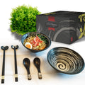 GlücksKompass Japanese Ramen Bowl Set made of ceramic (8 pcs) with chopsticks, ceramic spoons, large 8 inches diameter, 32 oz (1 quart) | Pho Bowls Noodle Soup Bowl Asian Rice Bowl Chinese Bowl Thai