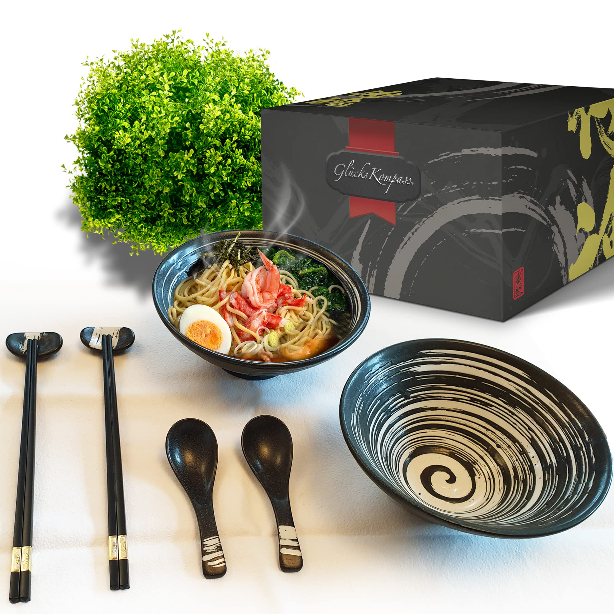 GlücksKompass Japanese Ramen Bowl Set made of ceramic (8 pcs) with chopsticks, ceramic spoons, large 8 inches diameter, 32 oz (1 quart) | Pho Bowls Noodle Soup Bowl Asian Rice Bowl Chinese Bowl Thai