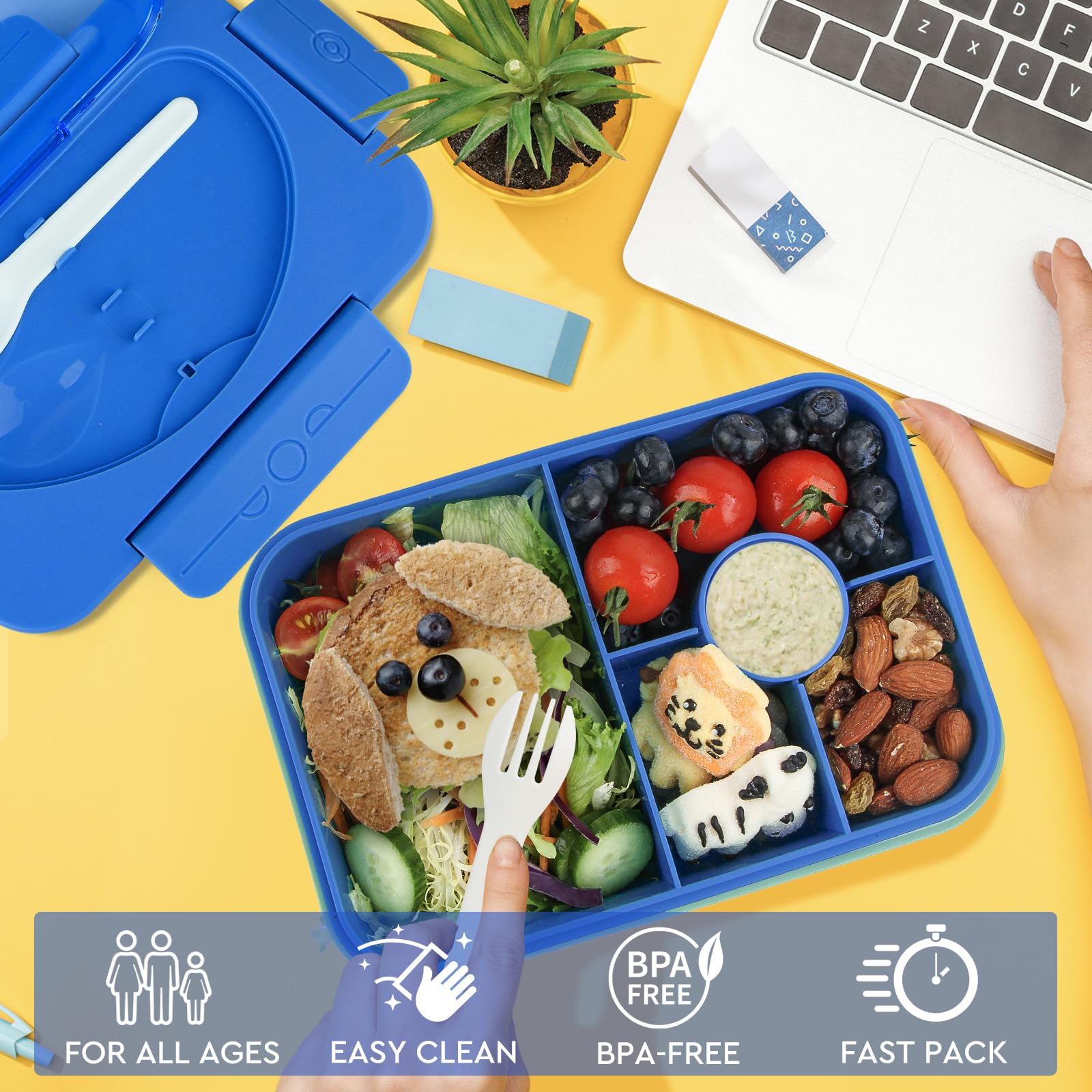 Lunbxx Kids Lunch Box, Bento Lunch Boxes for Kids, 5 Compartments Lunch Containers for Adults Kids,Bento Box Adult Lunch Box with Utensil Reusable & Leakproof (Bright Blue)