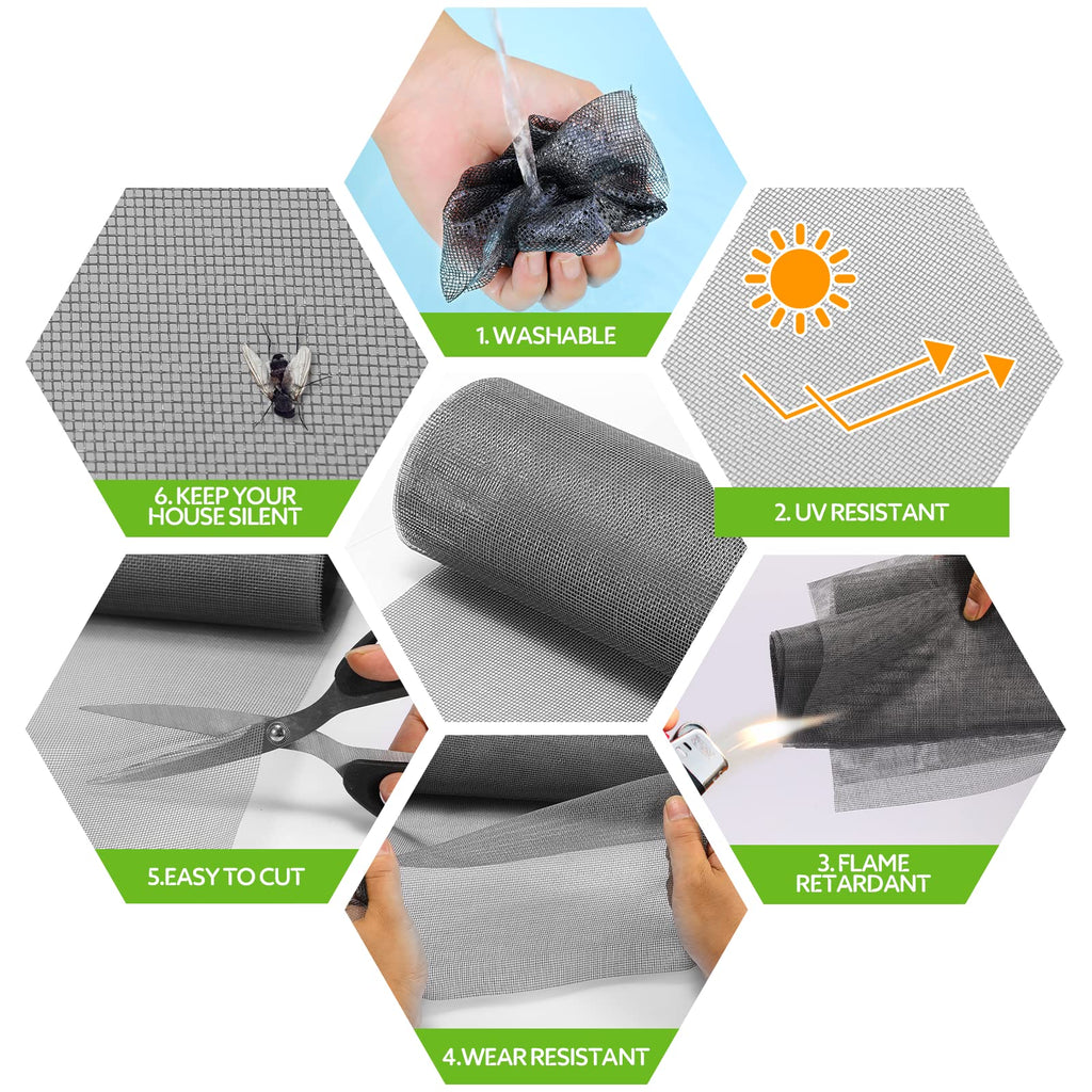 FLYZZZ Screen Door Repair Kit Replaceable Window Screen Kit 39''x78'' Grey Fiberglass Mesh Insect for Fiberglass Door, Window Screen (100x200, Dark Gray)