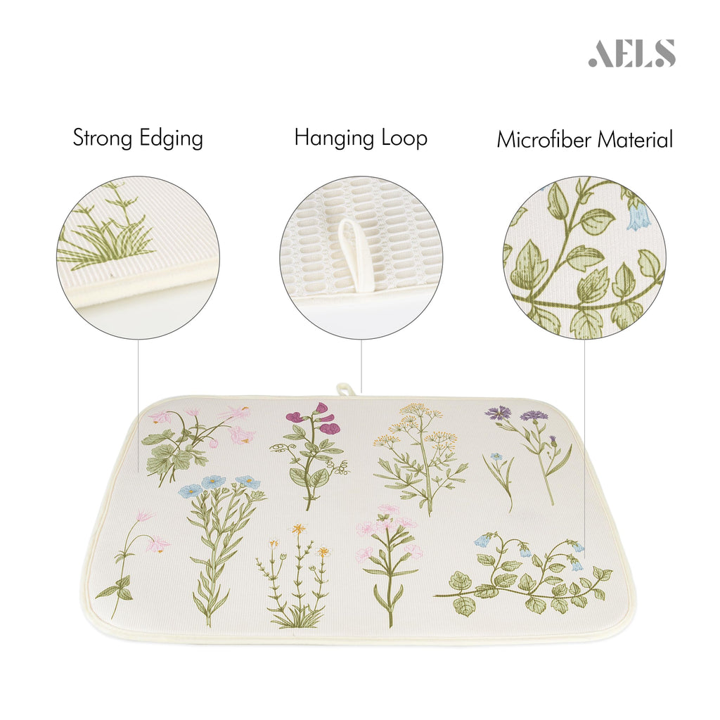 AELS XL 24" x 18" Dish Drying Mat Set of 2 for Kitchen Counter, Sage Green Reversible Absorbent Microfiber Dish Drainer/Rack Pads with Hanging Loop, Wildflower Botanical Floral Flower
