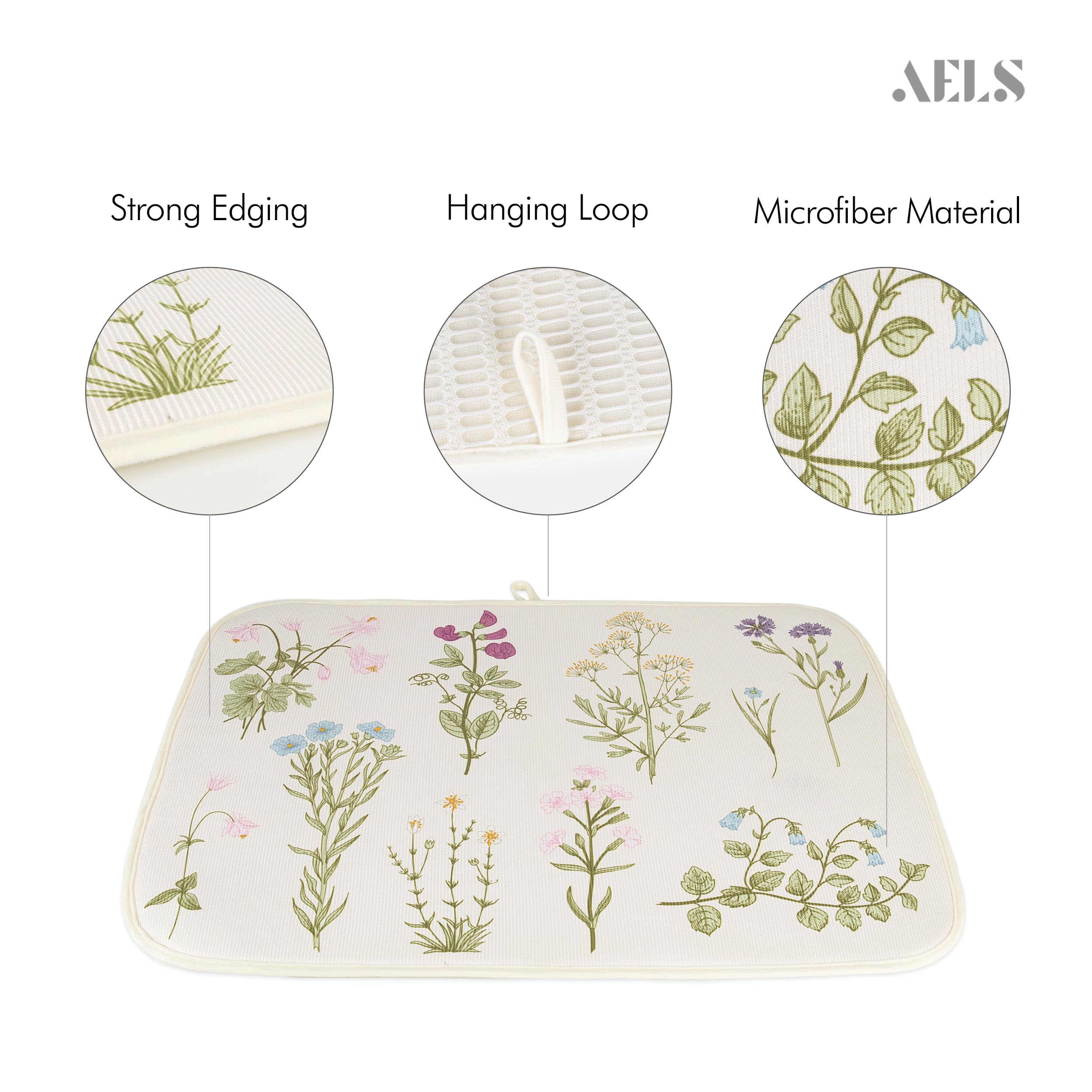 AELS XL 24" x 18" Dish Drying Mat Set of 2 for Kitchen Counter, Sage Green Reversible Absorbent Microfiber Dish Drainer/Rack Pads with Hanging Loop, Wildflower Botanical Floral Flower