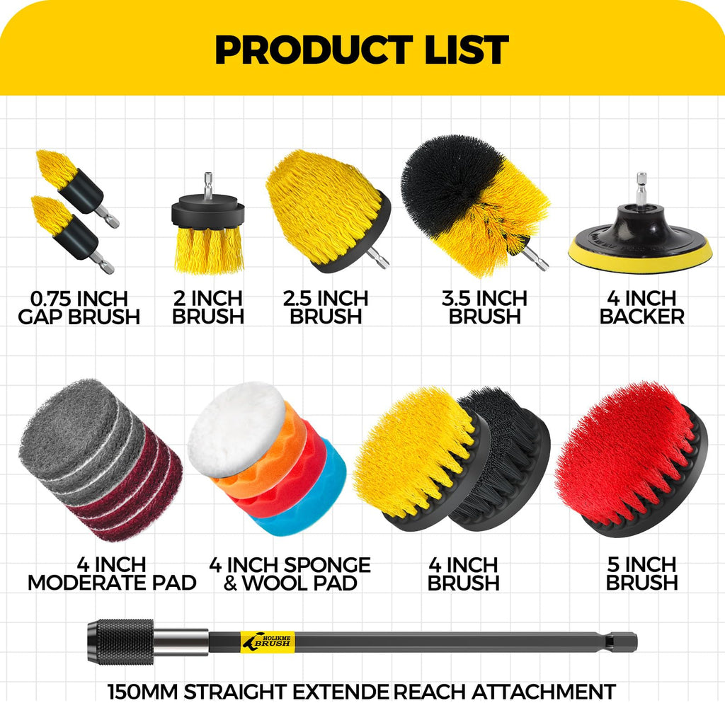 Holikme 22Piece Drill Brush Attachments Set, Scrub Pads & Sponge,Buffing Pads, Power Scrubber Brush with Extend Long Attachment, Car Polishing Pad Kit