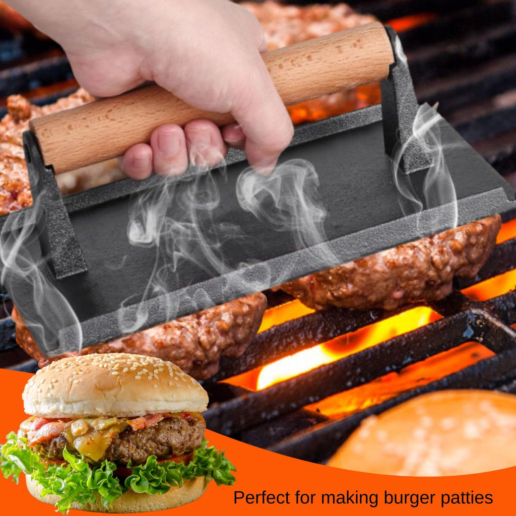 onlyfire Cast Iron Meat Press Grill Press with Wooden Handle, Great for Squeezing Fat from Meats, Flattening Bacon, Paninis, and Burgers