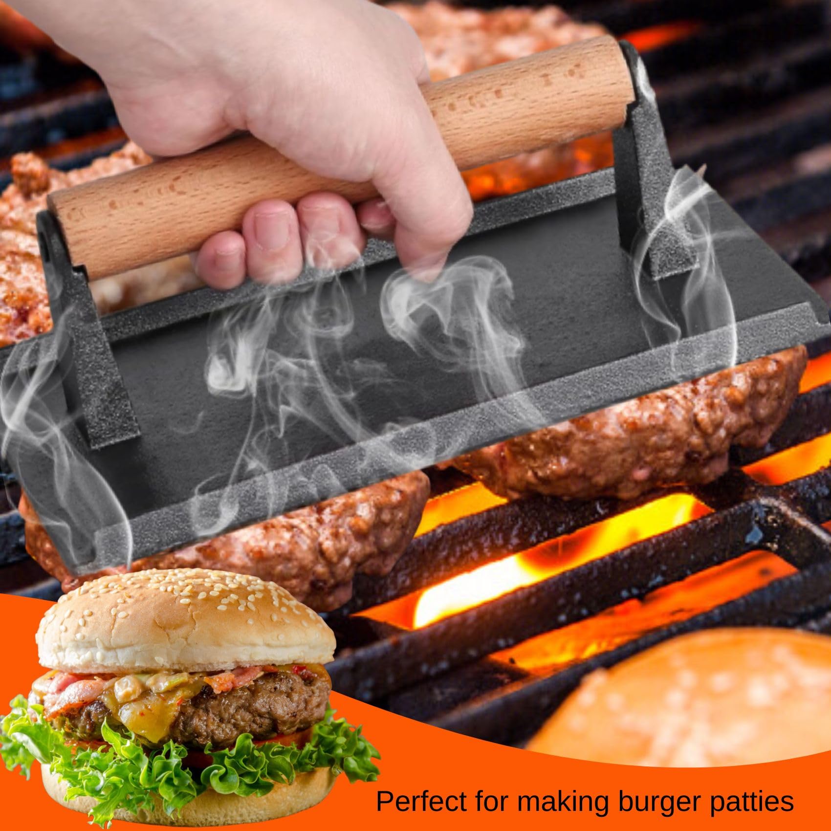 onlyfire Cast Iron Meat Press Grill Press with Wooden Handle, Great for Squeezing Fat from Meats, Flattening Bacon, Paninis, and Burgers