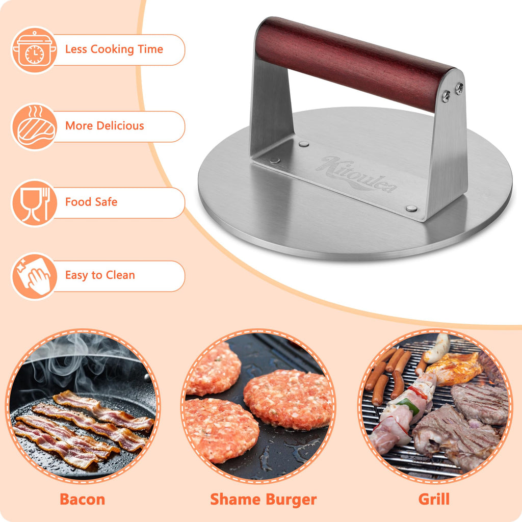 Stainless Steel Burger Press Kit, Heavy-Duty Thicken Smash Burger Press with Heat Resistant Wooden Handle Grill Press Bacon Sandwich Meat Press Non-Stick Bacon Press, 6.3 Inch