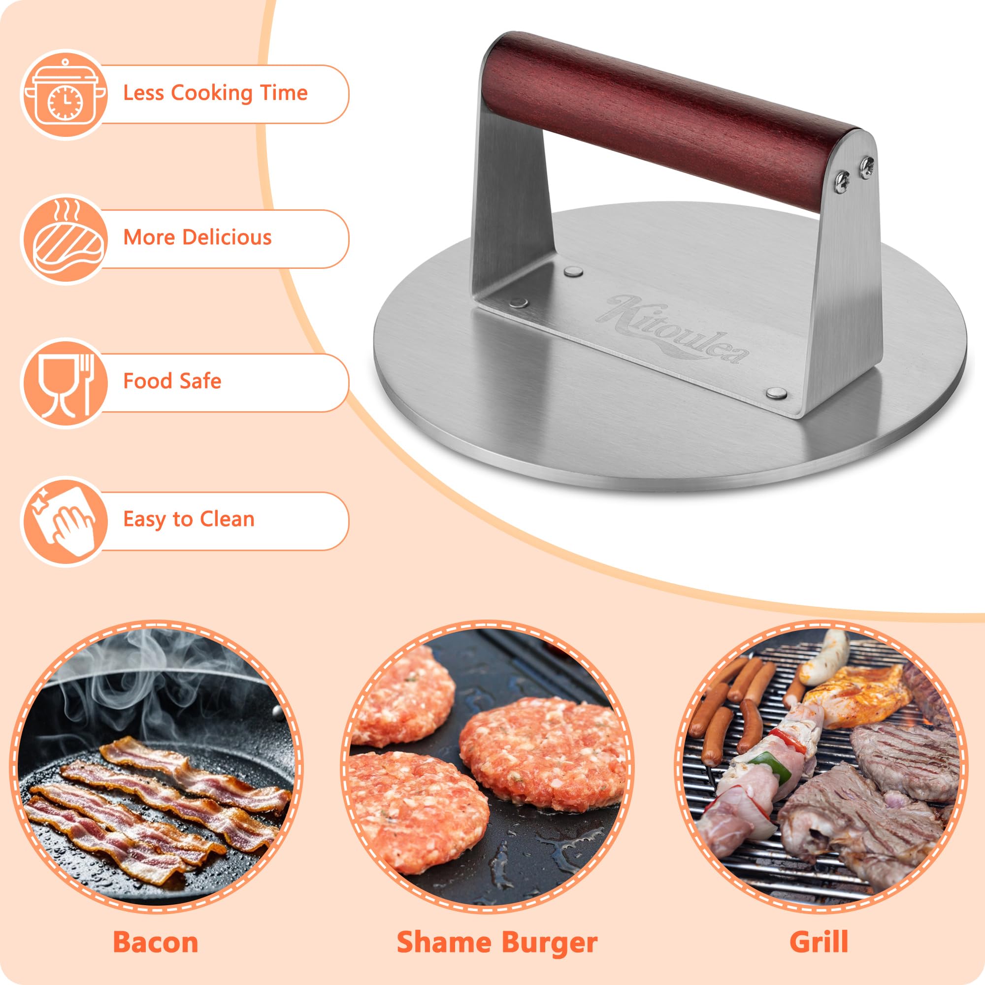 Stainless Steel Burger Press Kit, Heavy-Duty Thicken Smash Burger Press with Heat Resistant Wooden Handle Grill Press Bacon Sandwich Meat Press Non-Stick Bacon Press, 6.3 Inch