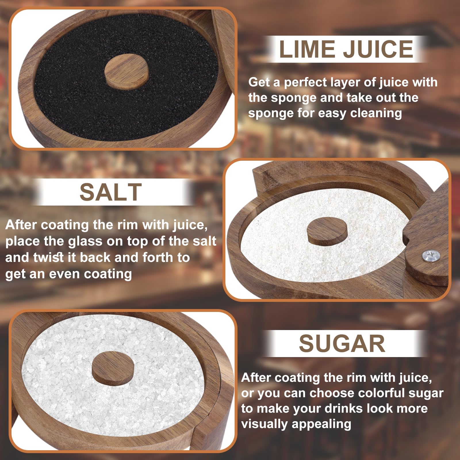 Margarita Salt Rimmer Bamboo, 3 Tier Bar Glass Rimmer Tray with Lid and Sponge, Wooden Rotating Cocktail Salt Rimmers for Bloody Mary Manhattan, Bartender Tool for Home Bar