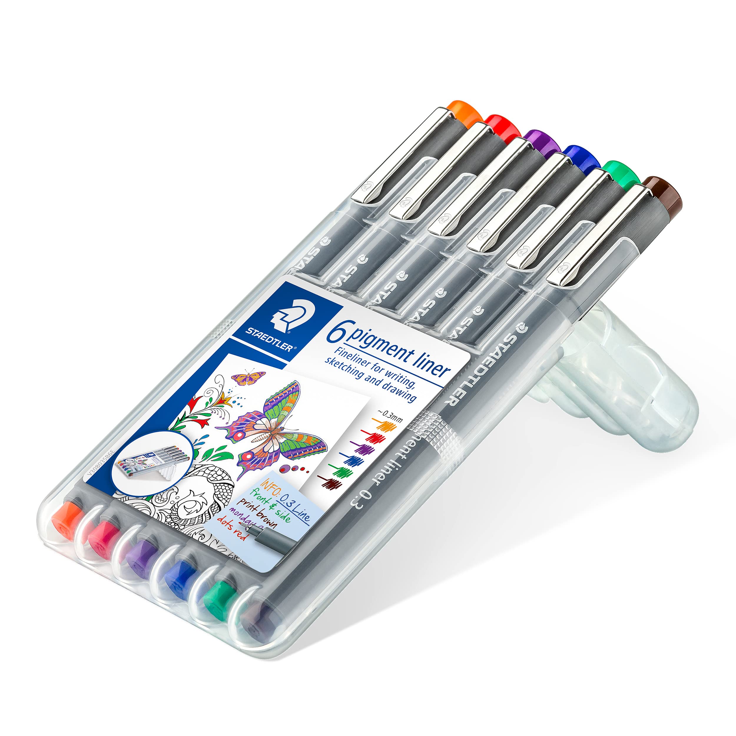 STAEDTLER 30803-SSB6 Pigment Liner Pens - Assorted Colours, 0.3 mm (Set of 6)