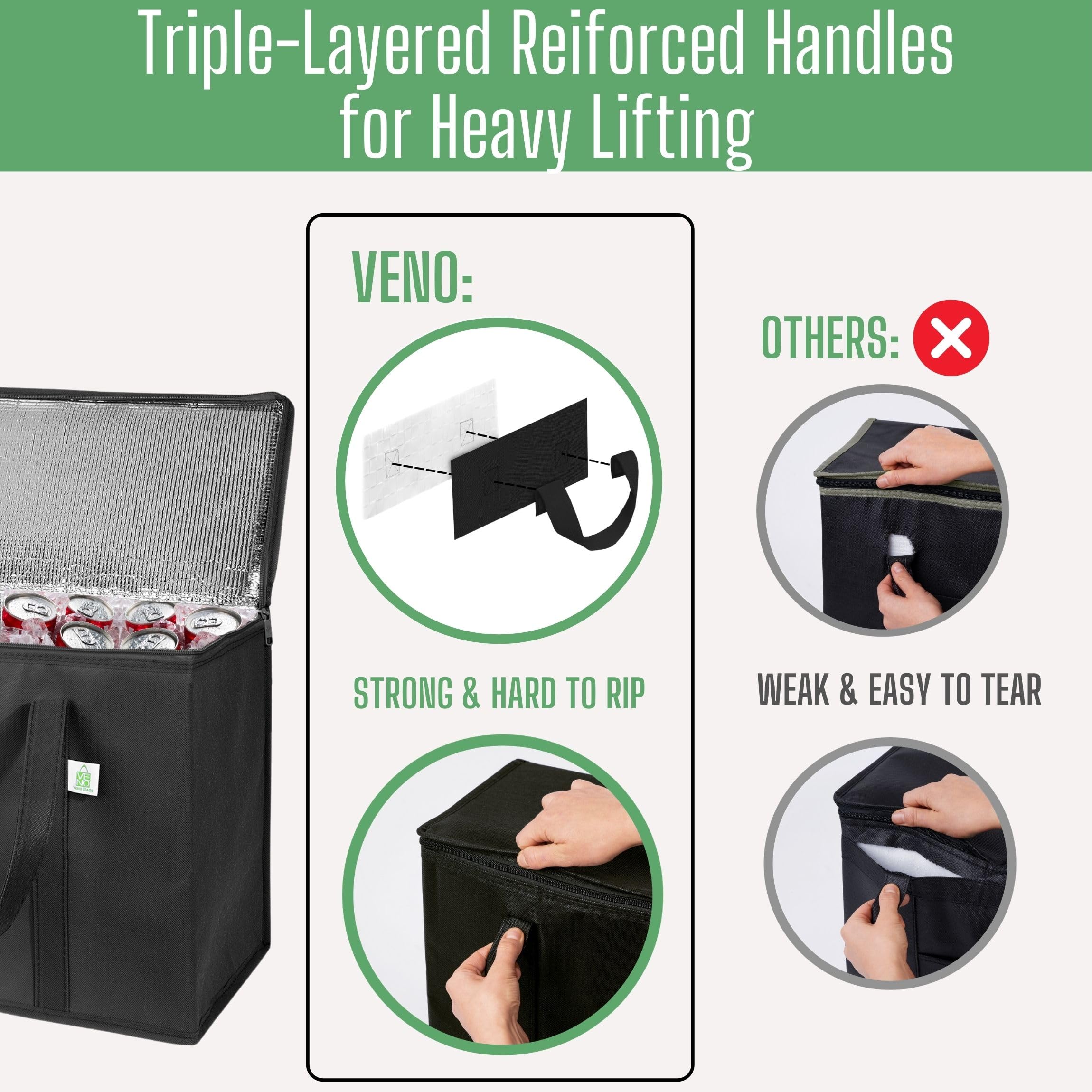 VENO 2 Pack Insulated Reusable Grocery Bag, Food Delivery Bag, Durable, Heavy Duty, Large Size, Stands Upright, Collapsible, Sturdy Zipper, Reusable and Sustainable (Black, 2 Pack)