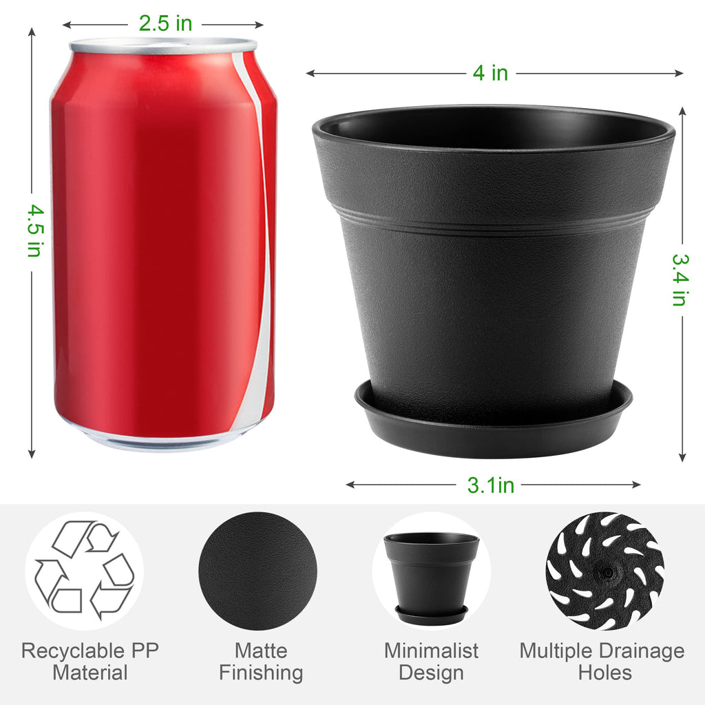FHWTY 4 inch Plastic Plant Pots with Drainage Holes and Tray, 16 Pack Thickened Indoor Planters Seedlings Nursery Pots for Flowers, African Violet, Succulent and All House Plants, Black