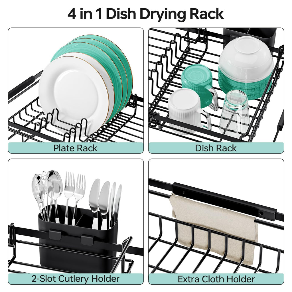 Expandable-Sink-Dish-Drying-Rack with Utensil Holder for Kitchen Counter, in Sink and Over The Sink, Rust Resistant, Black