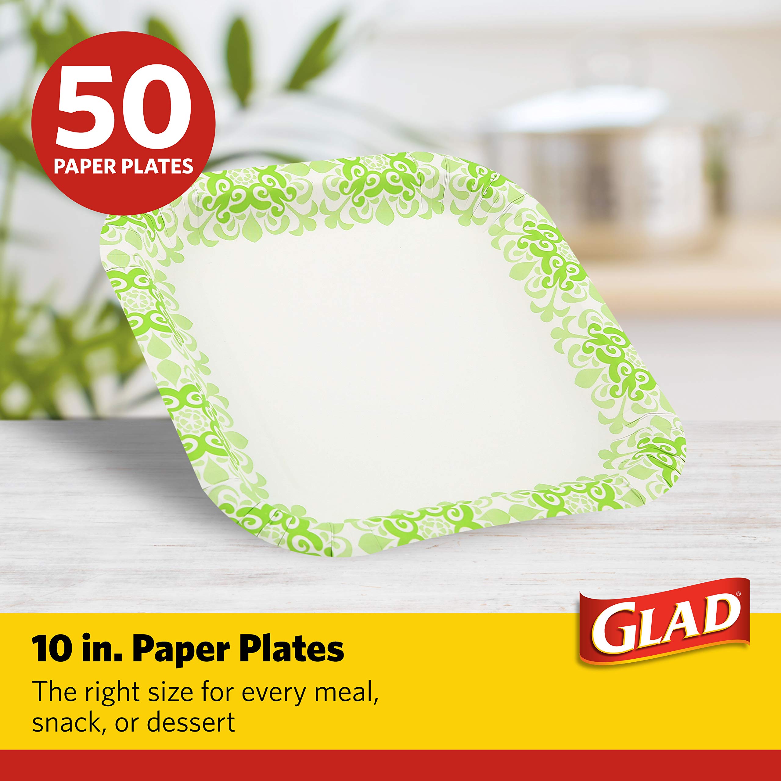 Glad Tabletop Square Disposable Paper Plates for All Occasions | Soak Proof, Cut Proof, Microwaveable Heavy Duty Disposable Plates | 50 Count (Pack of 1),Green