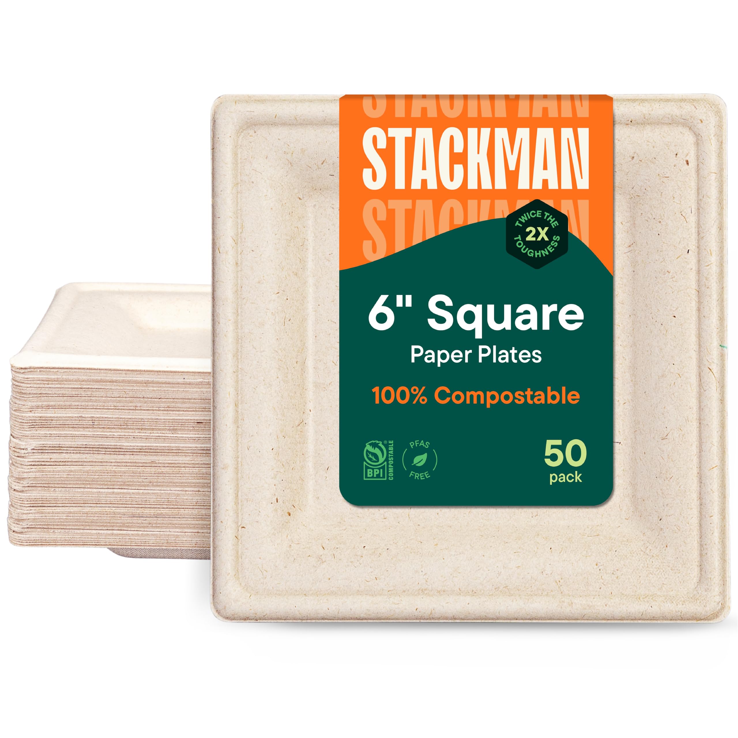 100% Compostable Square Paper Plates [6" x 6", Pack of 50] Elegant Premium Disposable Plates, Natural Unbleached Bagasse, Eco-Friendly, Made from Sugarcane Fibers, 6" Biodegradable Plate