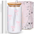 BIPEDS Coquette Cute Pink Bow Glass Cups with Lids and Straws, Aesthetic Iced Coffee Cup, Girly Preppy Design Tumbler Mug, Birthday Valentines Christmas Gifts for Women, Teen Girl Gifts Trendy Stuff