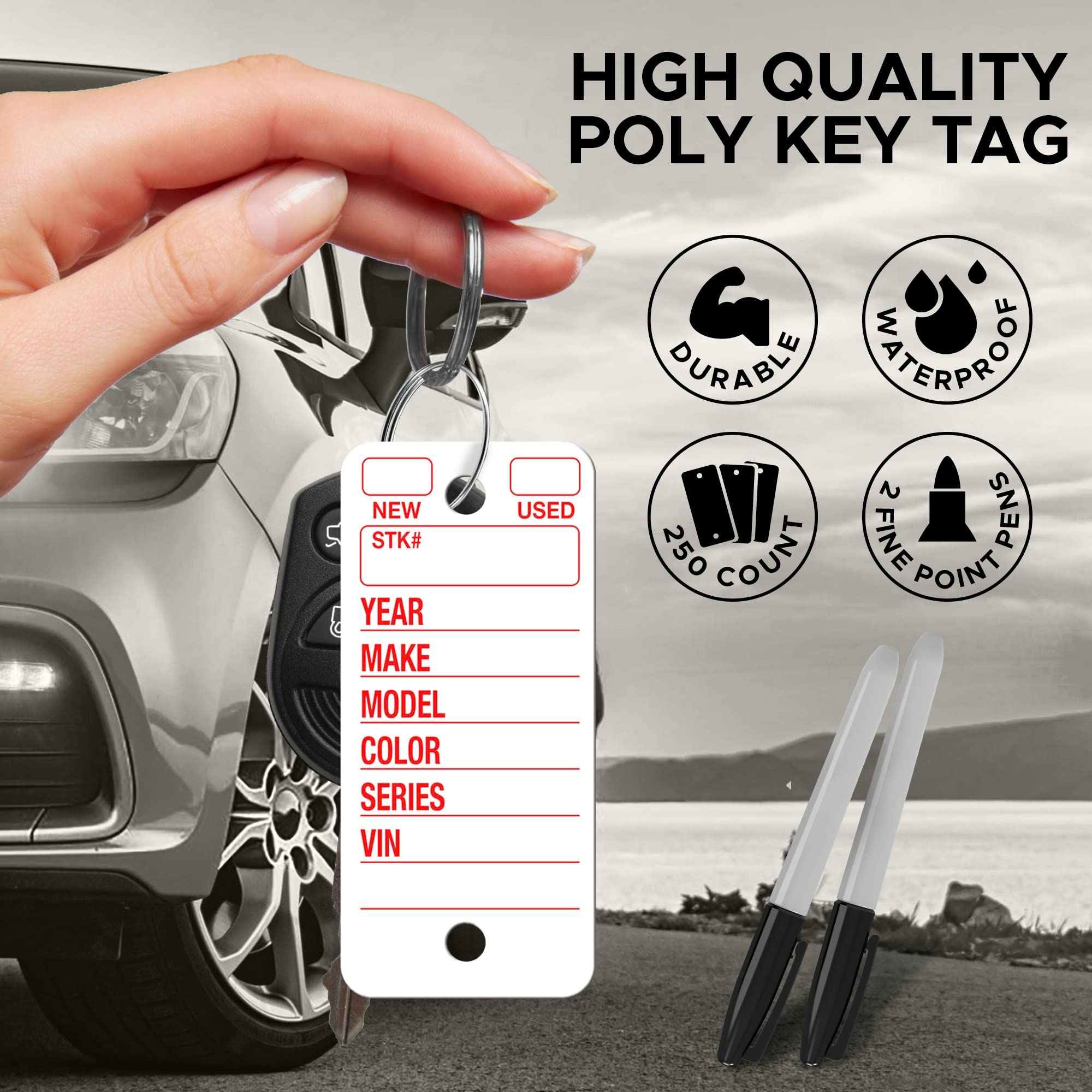 Poly Tag Car Key Tags with Ring (White) 250 Count. Includes 250 Rings and 2 Fine Point Pens and 250 Tags.
